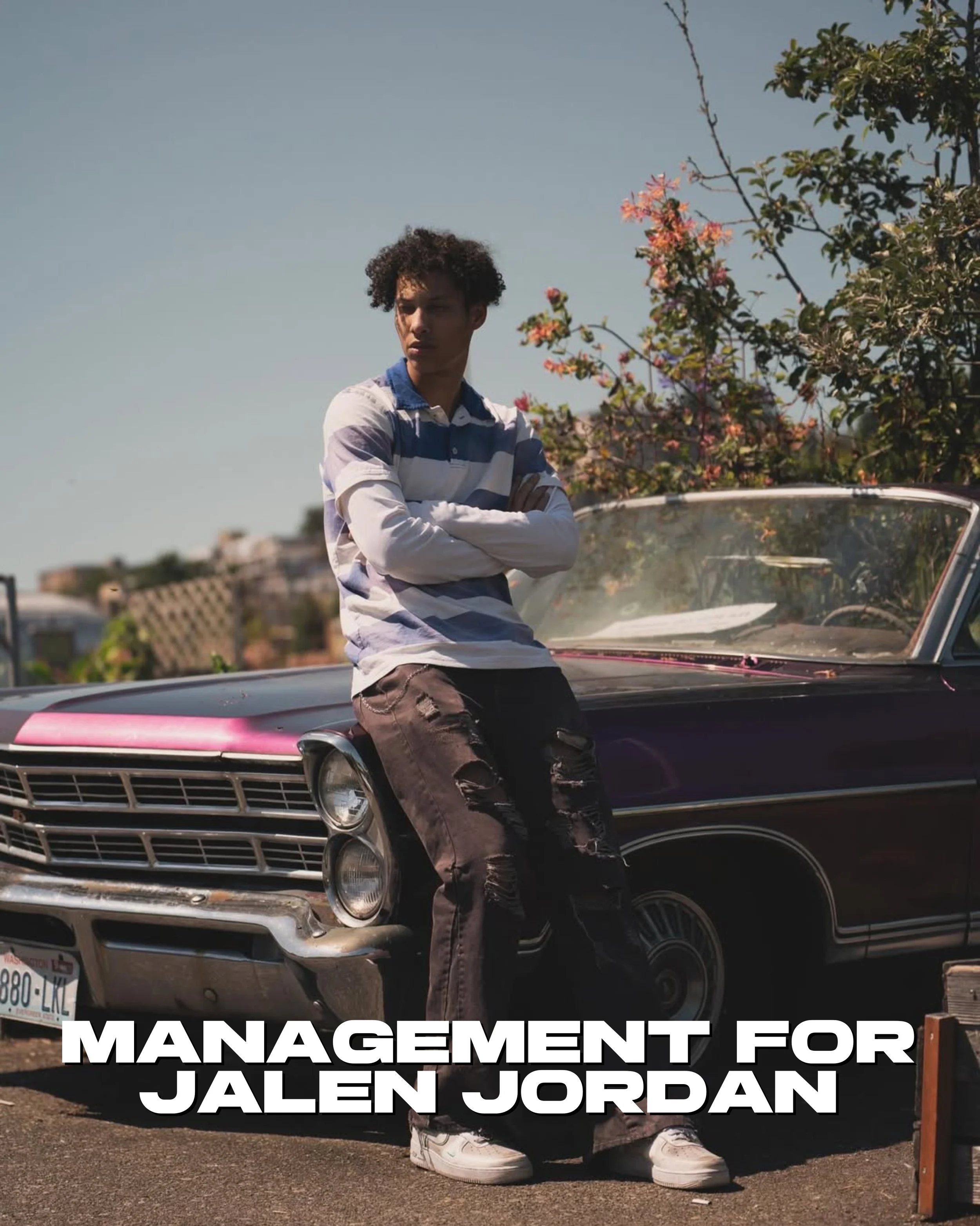 Jalen Jordan with curly hair leaning against a vintage black and purple car outdoors under a clear blue sky, with trees and a building in the background. Text overlay says 'Management for Jalen Jordan' in bold white letters.