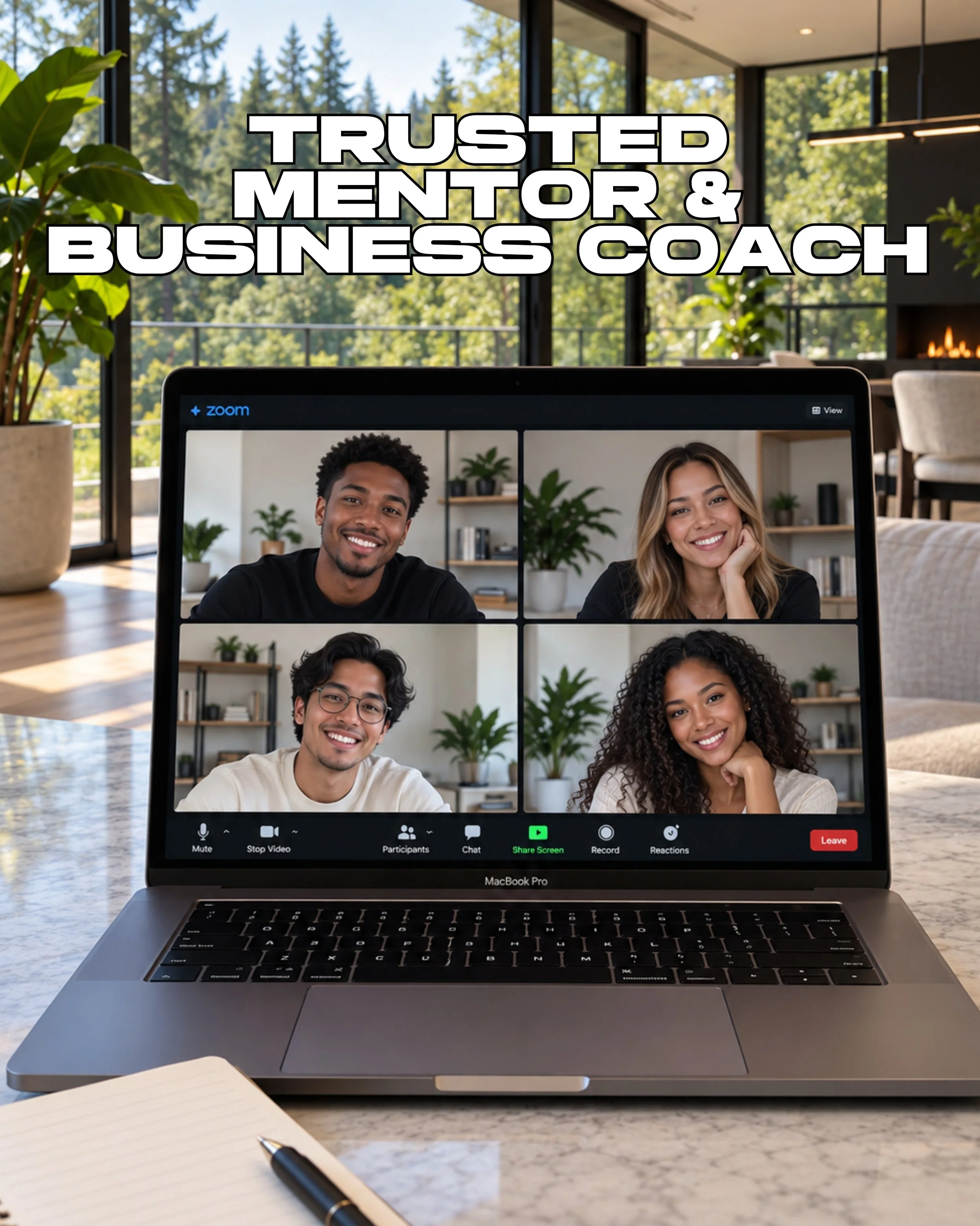 A laptop on a marble table displaying a Zoom meeting with four diverse smiling participants, in a bright, modern room with large windows and greenery outside, with the text 'Trusted Mentor' overlaid at the top.