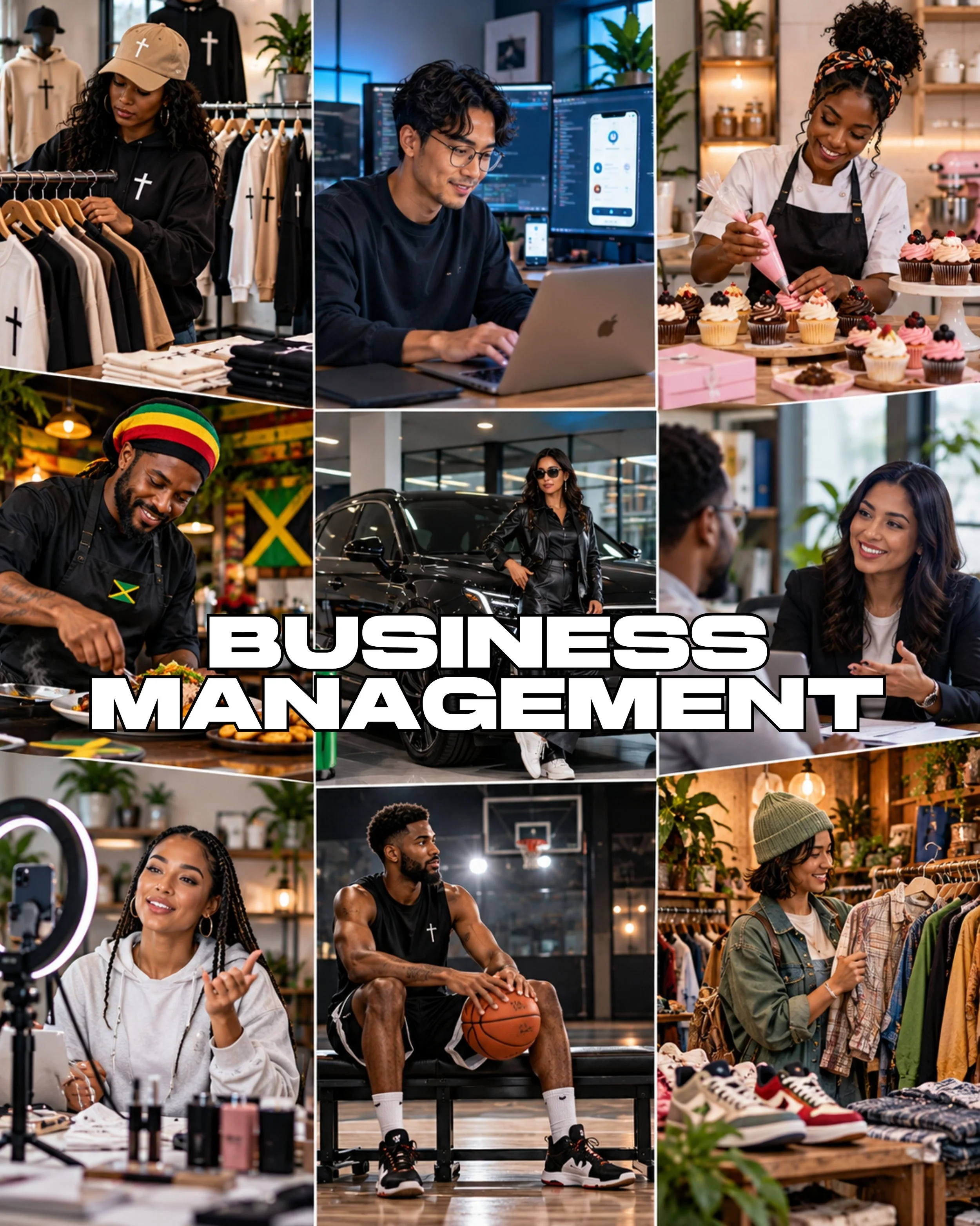 A collage of various scenes depicting different aspects of business management that BOURGIE Branding handles: including shopping retail, software development, pastry baking, grilling, sports, automotive sales, and fashion retail.