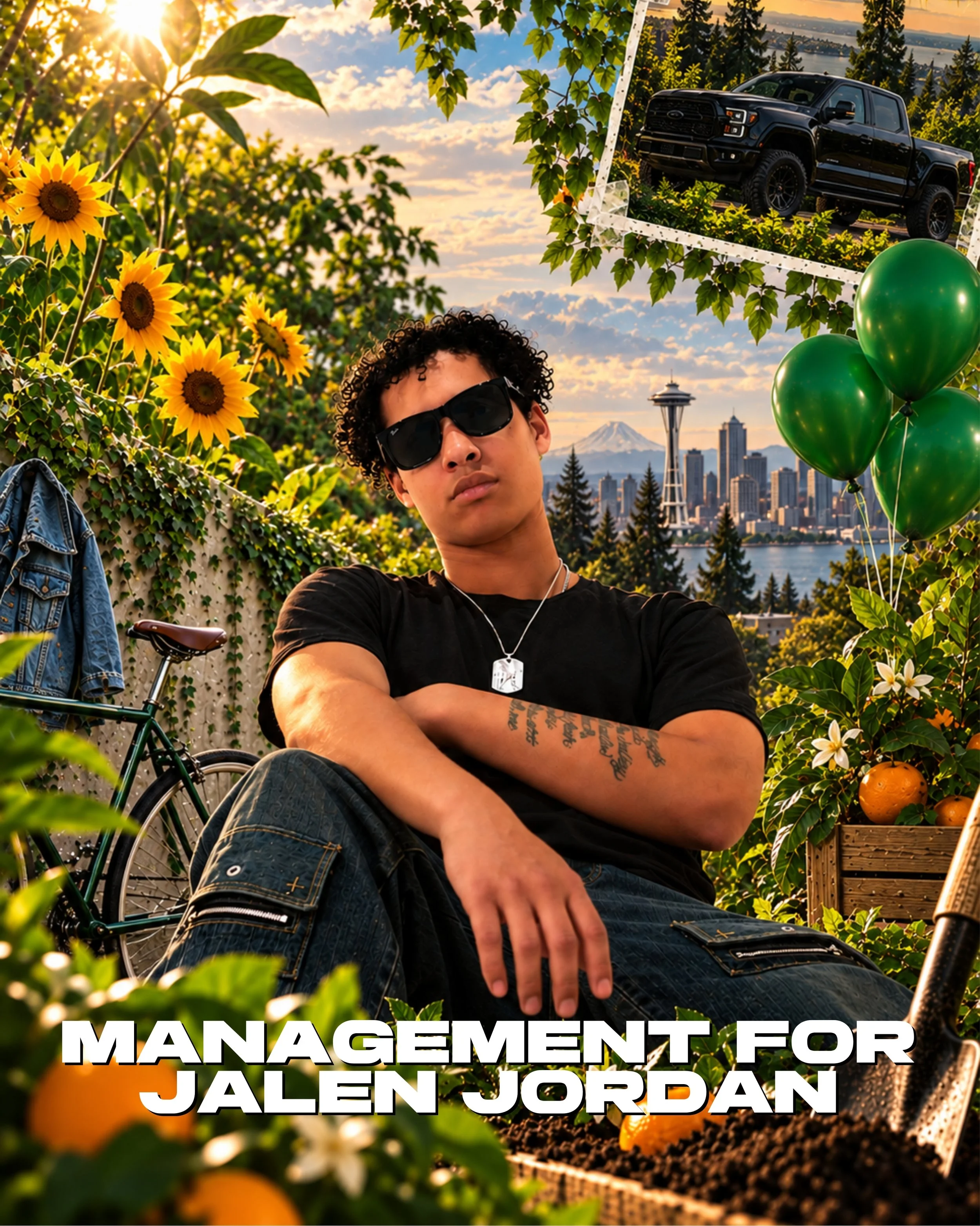 Young man with curly hair and sunglasses sitting outdoors among sunflowers and orange trees, with the city skyline and Mount Rainier in the background, and a promotional text overlay that reads 'Management for Jalen Jordan'.