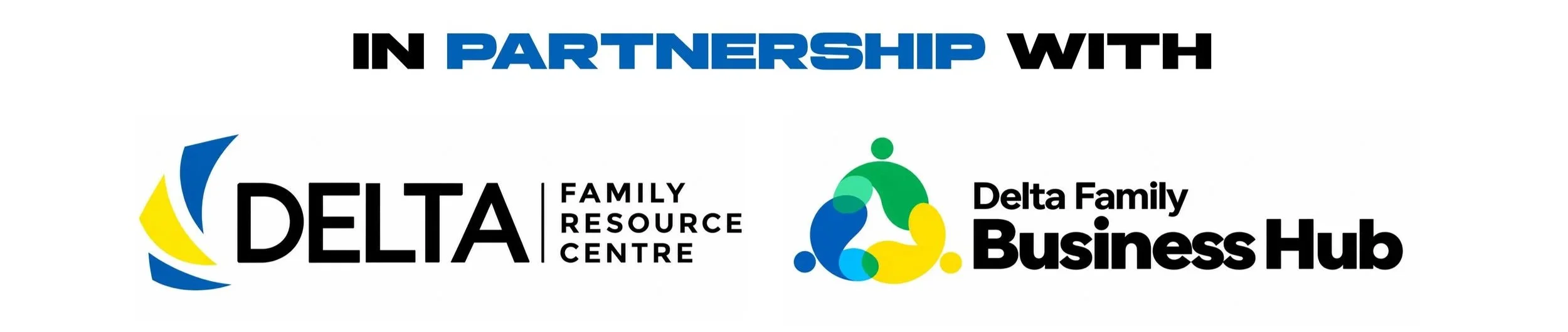 Text reads BOURGIE Branding in partnership with Delta Family Resource Centre and Delta Family Business Hub, with their logos displayed.