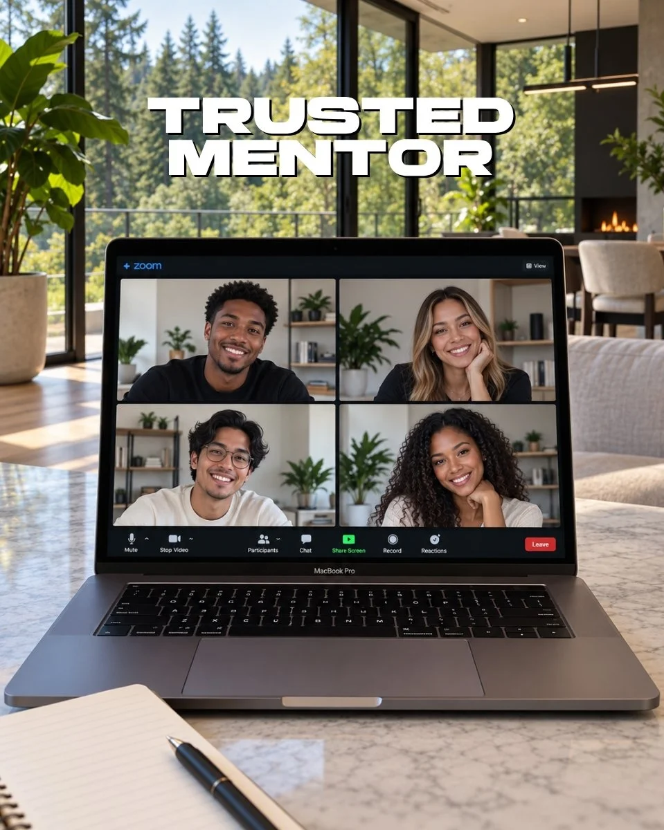 A laptop on a marble table displaying a Zoom meeting with four diverse smiling participants, in a bright, modern room with large windows and greenery outside, with the text 'Trusted Mentor' overlaid at the top.