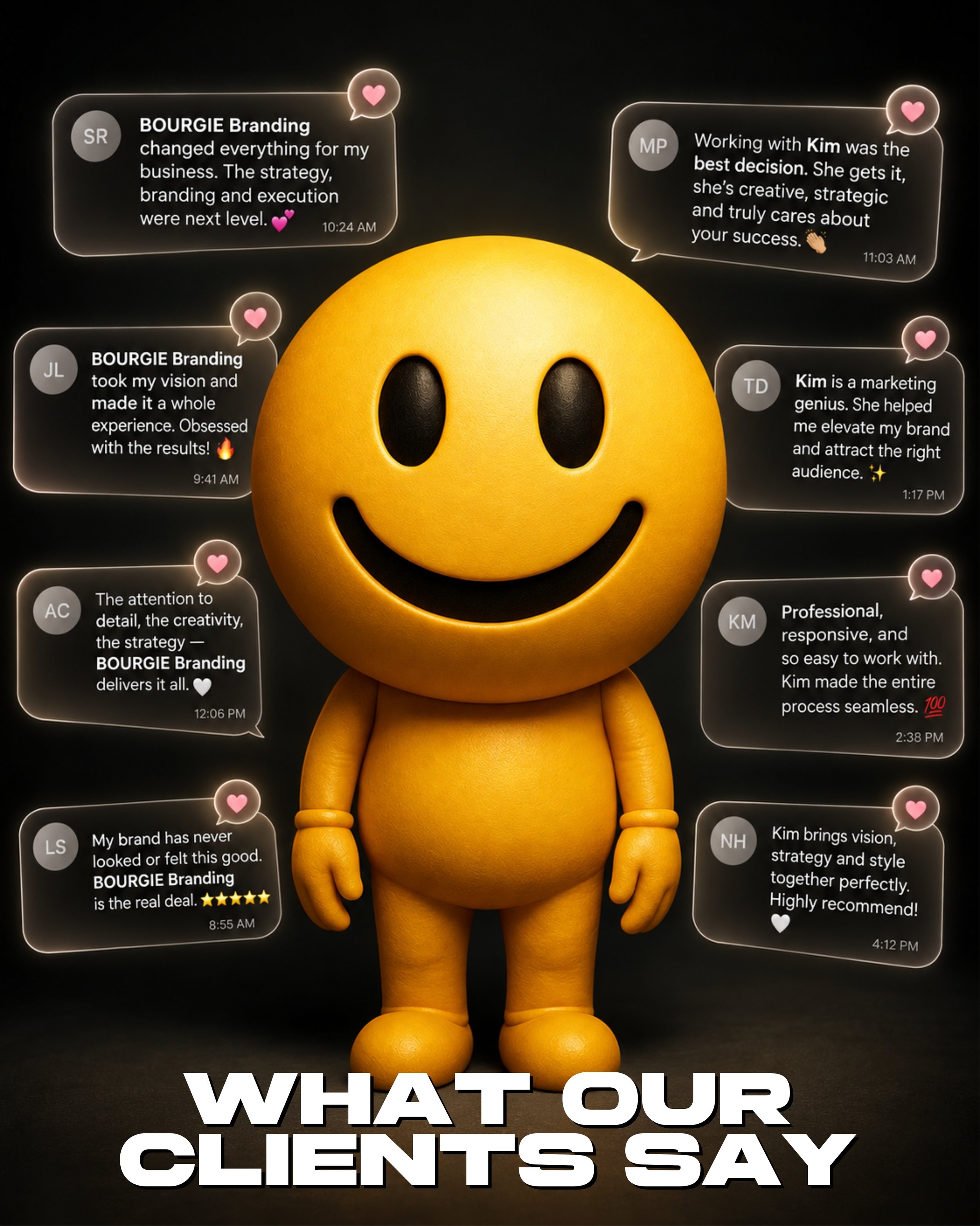 Full body happy face emoji with the text 'What Our Clients Say' above.