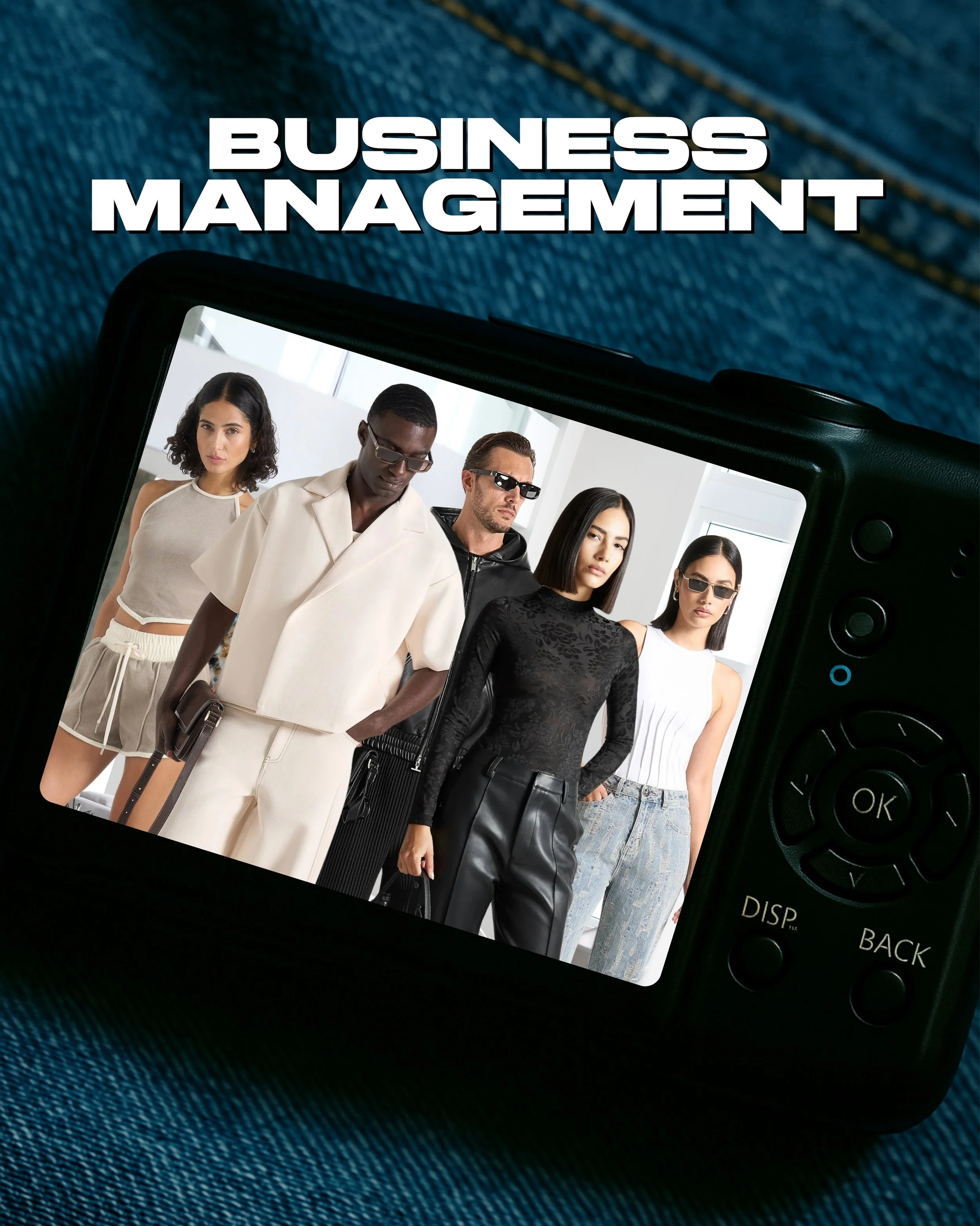 A smartphone screen showing a diverse group of six people dressed in stylish, contemporary clothing, posing together for a photo in a bright, modern indoor setting.