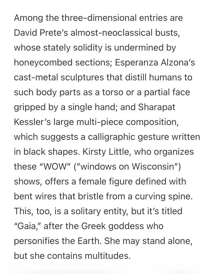 Nice mention in Mark Jenkins review on sub stack of the WOW 11 &mdash; We Are All Human exhibition. On view 24/7 through April 4 at 5500-5510 Wisconsin Ave, Chevy Chase. #washingtonsculptorsgroup #amwomenartists @washingtonsculptors @amwomenartists @