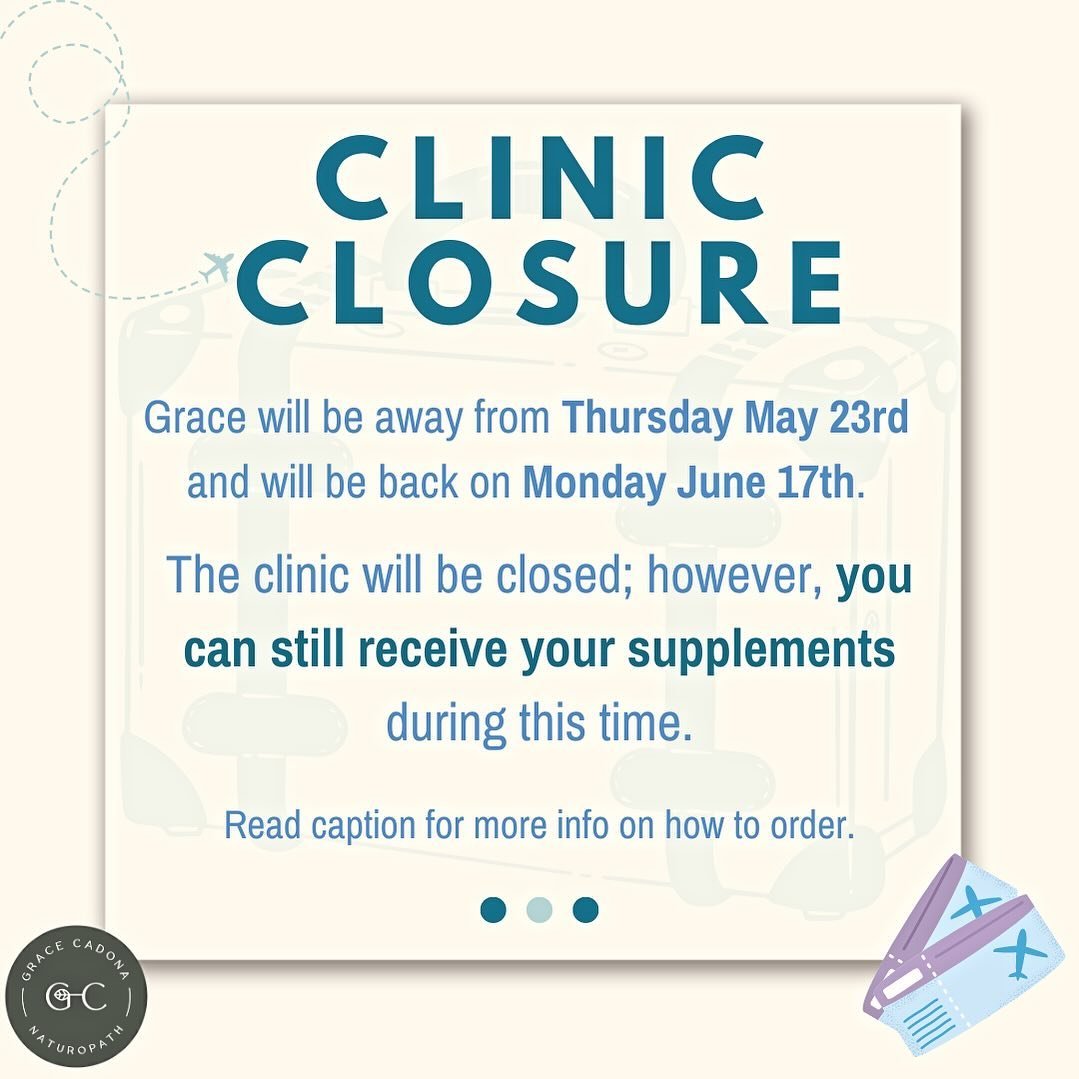 Hi everyone!

It&rsquo;s time for me to have my little break this year again. 

I will be heading back overseas to Italy from Thursday the 23rd of May until Monday the 17th of June.
The clinic will be closed; however, you can still receive your suppl