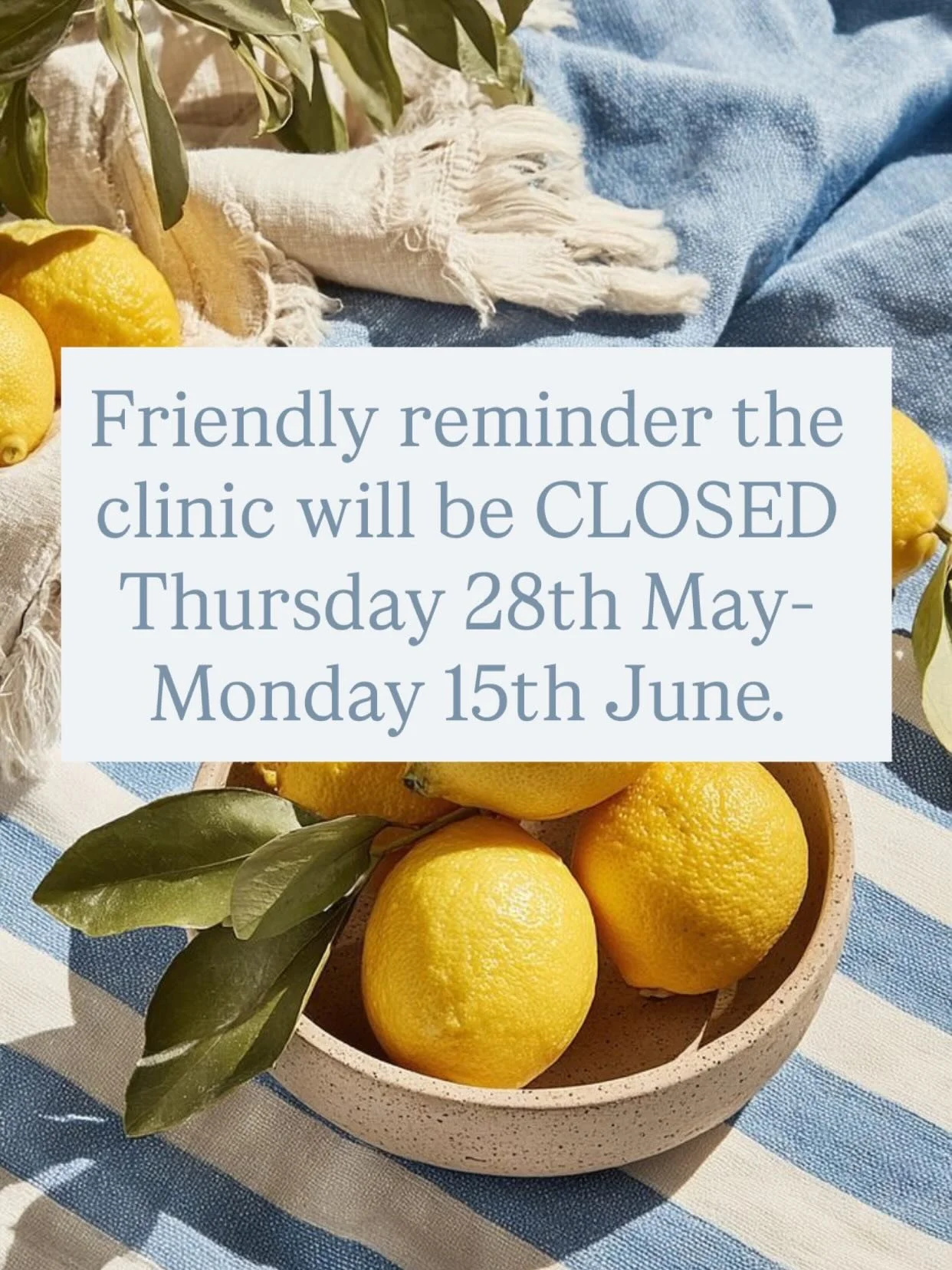 Just a friendly reminder I will be overseas and the clinic will be closed from Thursday 28th May-Monday 15th June 2026. 😊✈️🌍
Unfortunately no supplement orders will be posted during this time and emails will only be checked occasionally. Please get