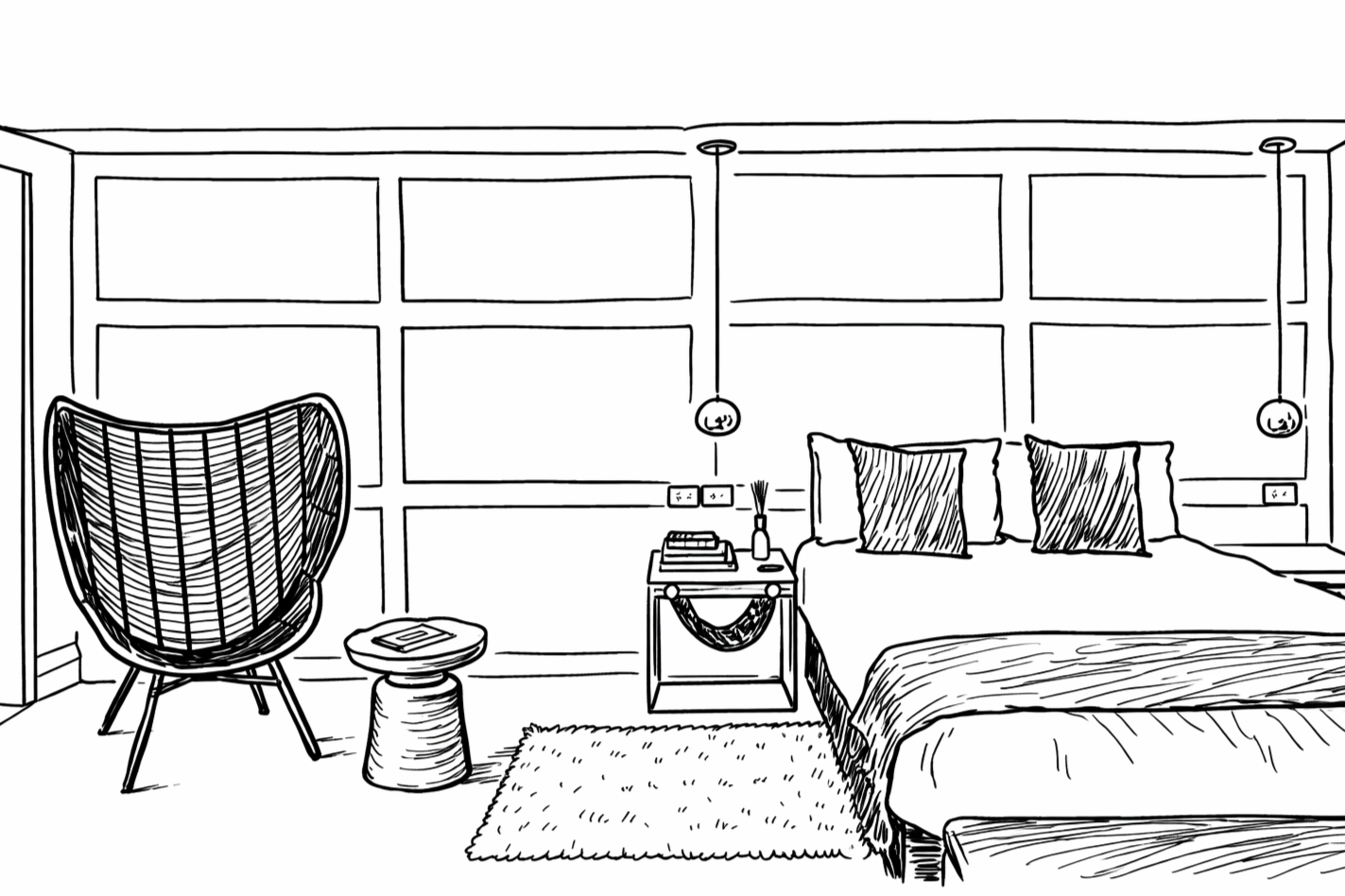 A black-and-white line drawing of a modern bedroom featuring a bed with pillows, a nightstand with books and a vase, a cozy chair with a stool, large window panels, hanging pendant lights, and a small rug on the floor.