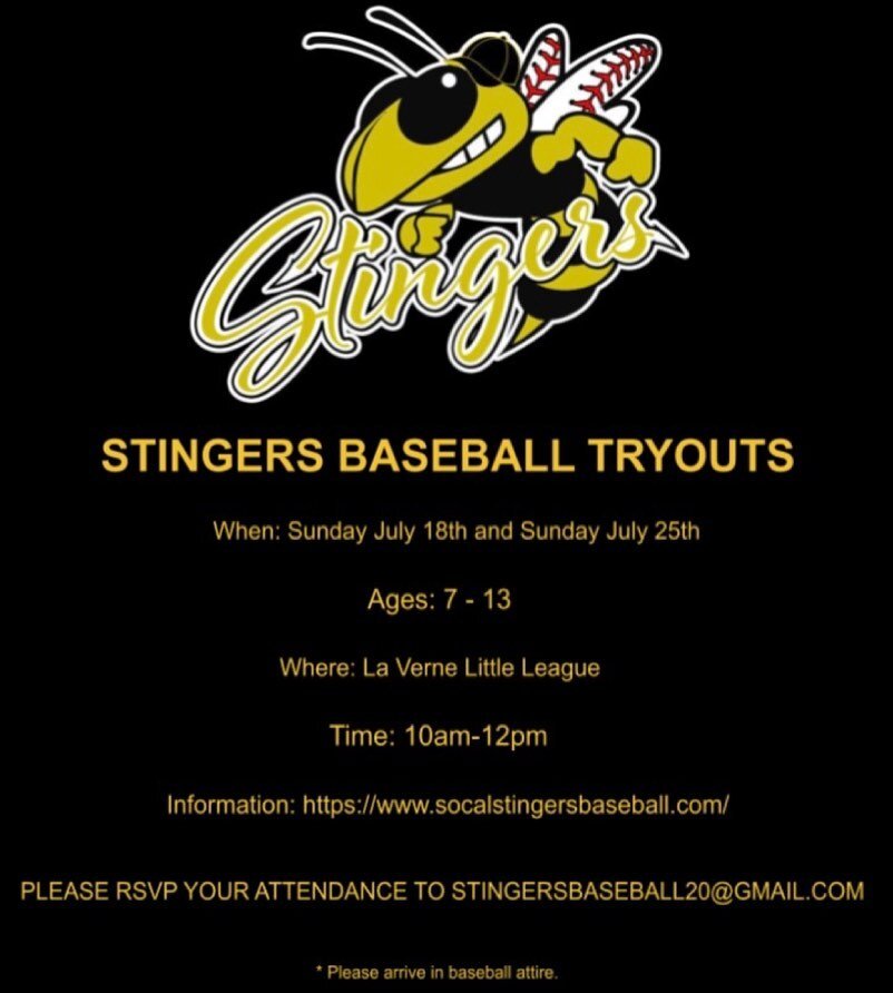Hello everyone!!! We will be hosting tryouts for our team in July!!! Please direct message us for any details!!! Hope to see you out there! Go Stingers!!!🐝⚾️