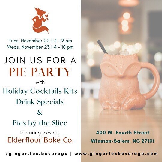 It&rsquo;s a Pie Party y&rsquo;all 🥧🥂🦊

We&rsquo;ll be open Tuesday and Wednesday this week for pie pickups from @elderflourbakingco with $10 drink specials, and selling slices in case you haven&rsquo;t had a chance to try her incredible baked goo