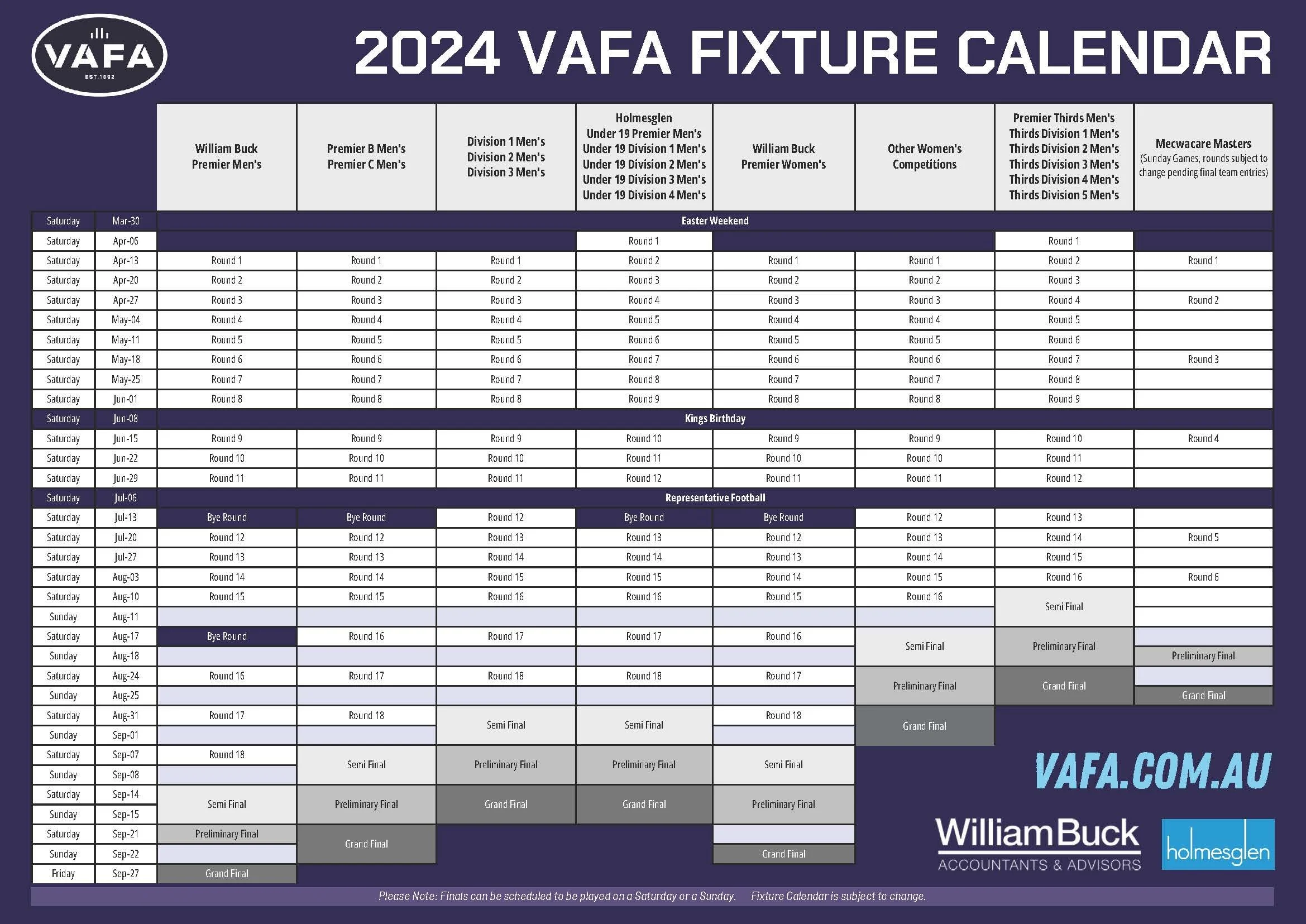 2024 VAFA Fixture Calendar confirmed