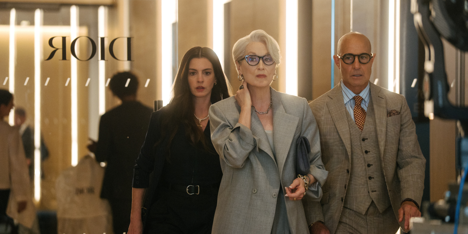 Andy Sachs (Anne Hathaway), Miranda Priestly (Meryl Streep), and Nigel Kipling (Stanley Tucci) in the Dior offices. | Image from 20th Century Studios