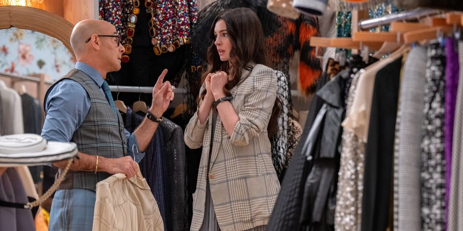 Nigel Kipling (Stanley Tucci) and Andy Sachs (Anne Hathaway) inside the Runway fashion closet | Image from 20th Century Studios