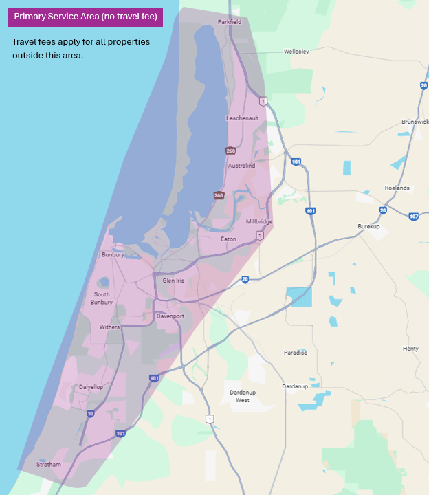 Our primary service area includes Stratham, Gelorup, Dalyellup, South Bunbury, Withers, Glen Iris, Davenport, Bunbury, Australind, Leschenault, Parkfield and nearby suburbs. No travel fees apply within this zone.