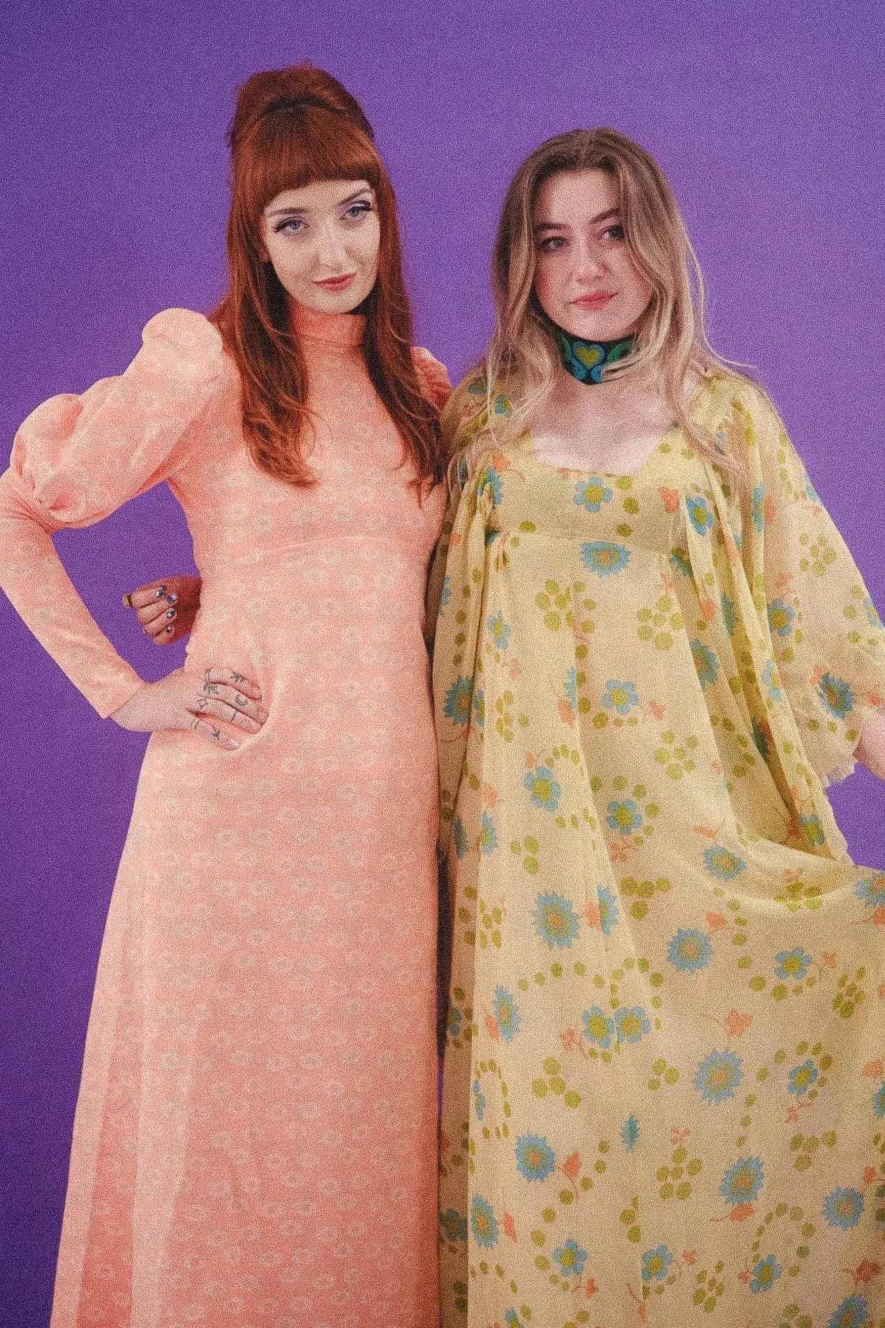 1970s Peach Floral Medieval Revival Leg of Mutton Maxi Dress - UK Size 8