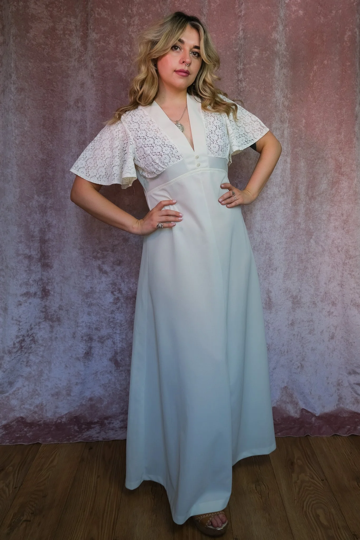 Vintage 1970s Cream Maxi Dress with Lace-Trim Cape Sleeves - UK Size 14/16