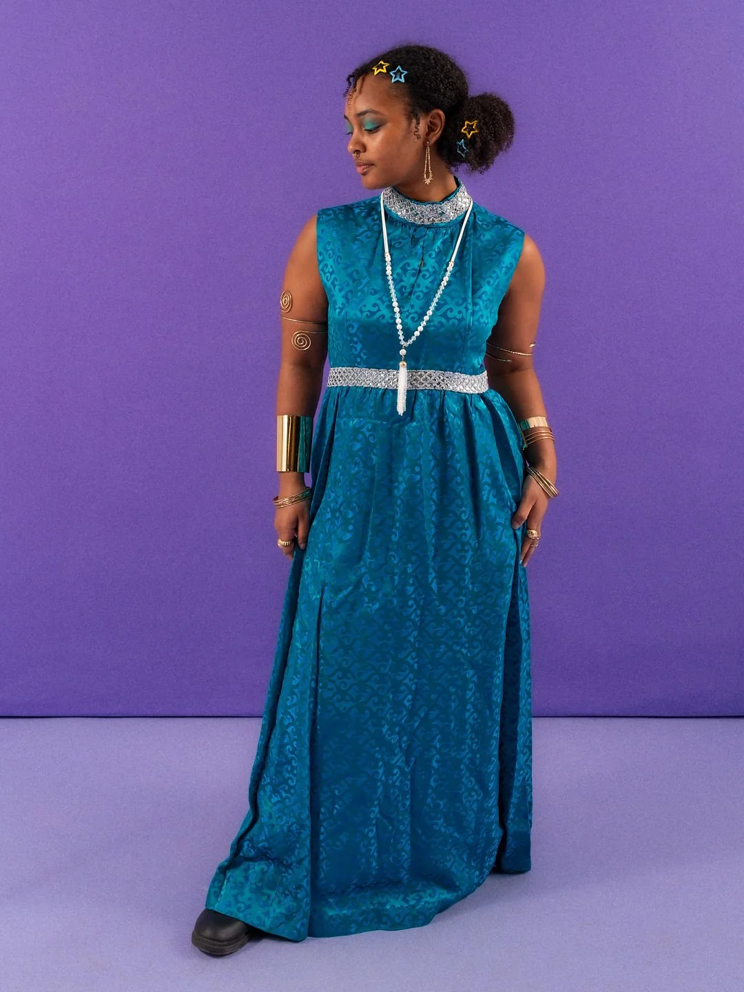 1960s Turquoise Psychedelic Brocade Maxi Dress - UK Size 12-14
