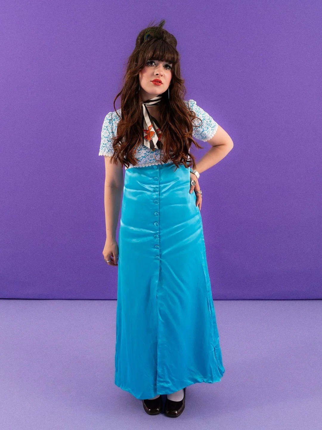 Vintage 70s Blue Satin and White Lace Midi Dress - UK Size 8