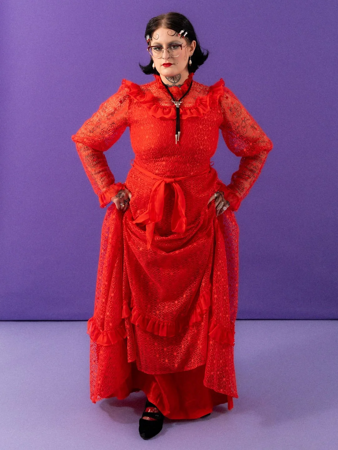 Vintage 70s Striking Red Victoriana Lace Gown - UK Size 12/14