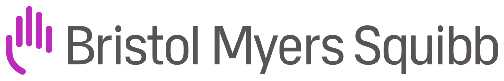 Bristol Myers Squibb logo featuring a purple stylized hand icon and black text