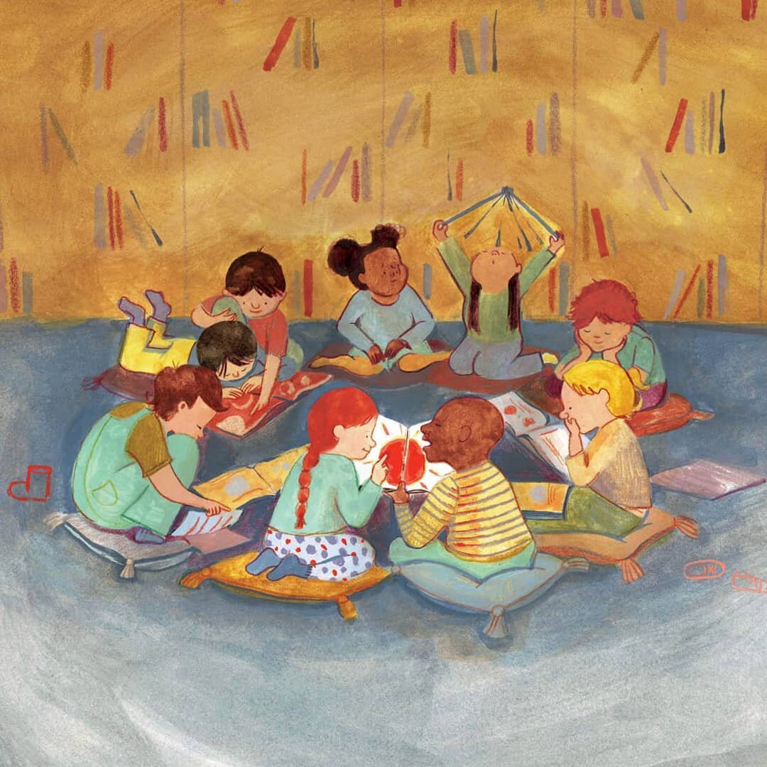 A lil reading circle scene, I loved imagining this cozy moment! 😌 (and yes, that is someone picking their nose because kids are just like that...)
.
.
#csacbi #illustratorsonig #booksforkids #childrensbooks #picturebooks #bookillustration #illo #kid