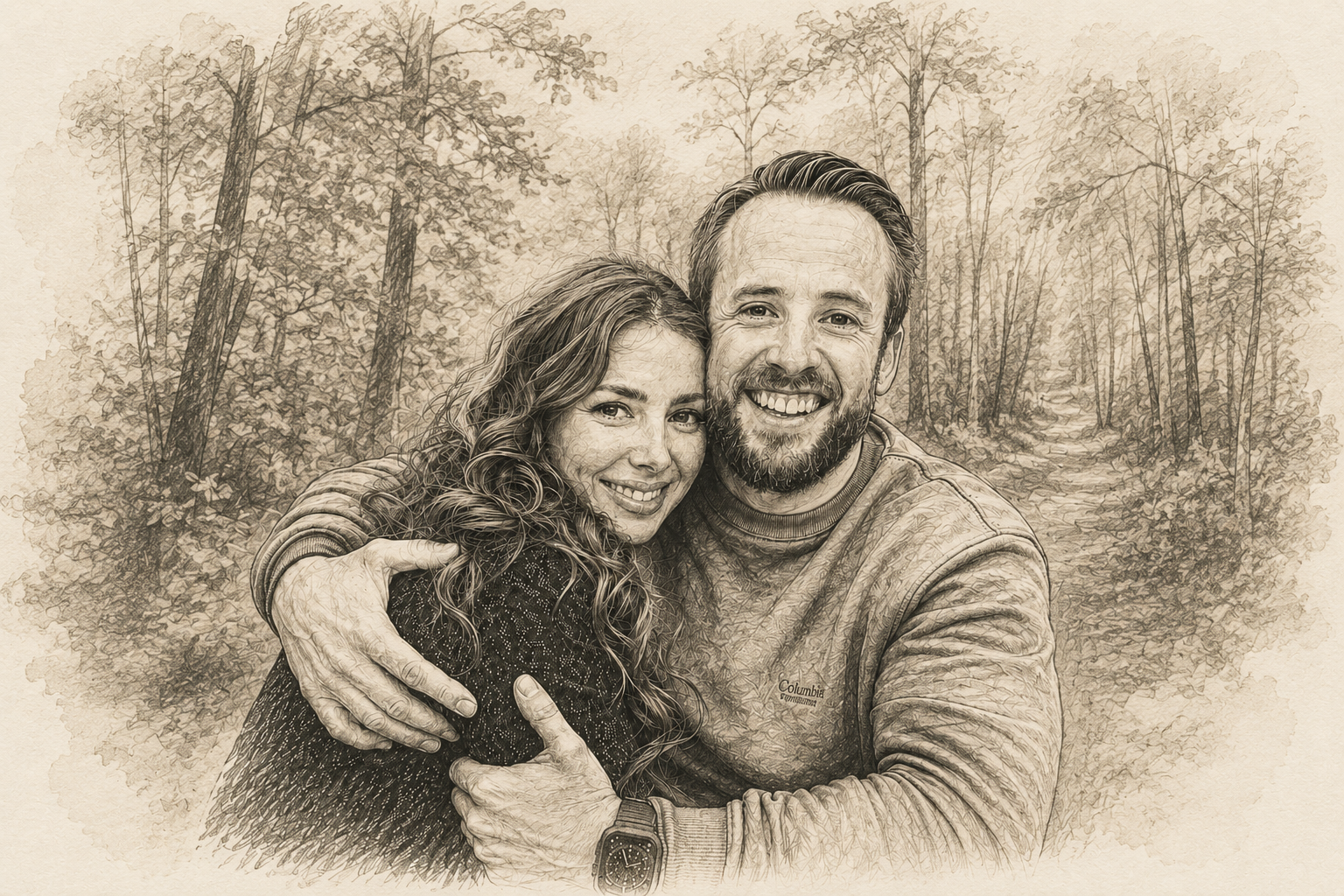 A black-and-white or sepia-toned sketch of a smiling couple hugging outdoors in a wooded area.