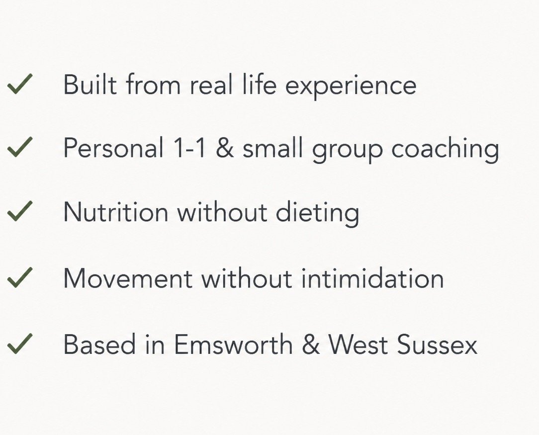 List of five features with green checkmarks next to each: built from real life experience, personal 1-1 & small group coaching, nutrition without dieting, movement without intimidation, based in Emsworth & West Sussex.