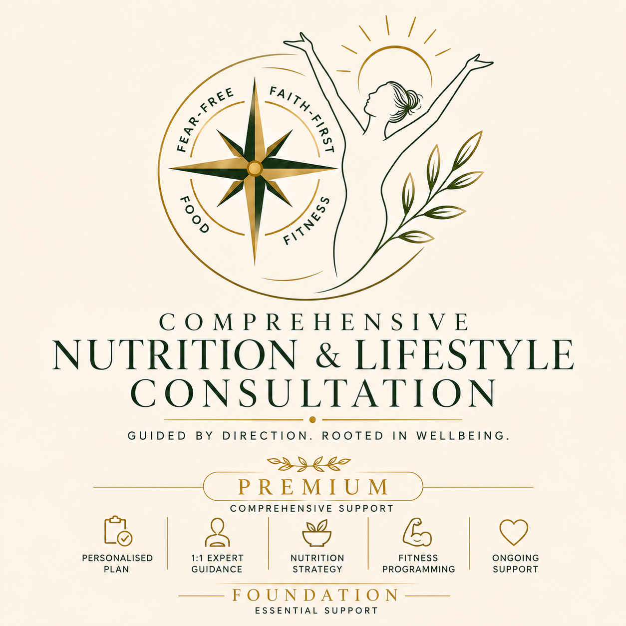 Illustration of a woman with arms raised, surrounded by a sun and plant, with text about nutrition and lifestyle consultation services.