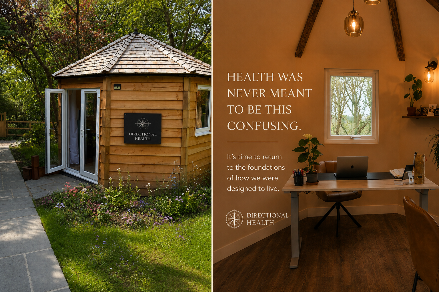 Exterior view of a small wooden health consultation building with a sign reading 'Directional Health' and an open door, surrounded by greenery and flowers. Interior view of a cozy home office with a desk, laptop, plants, and a motivational message about health on the wall.