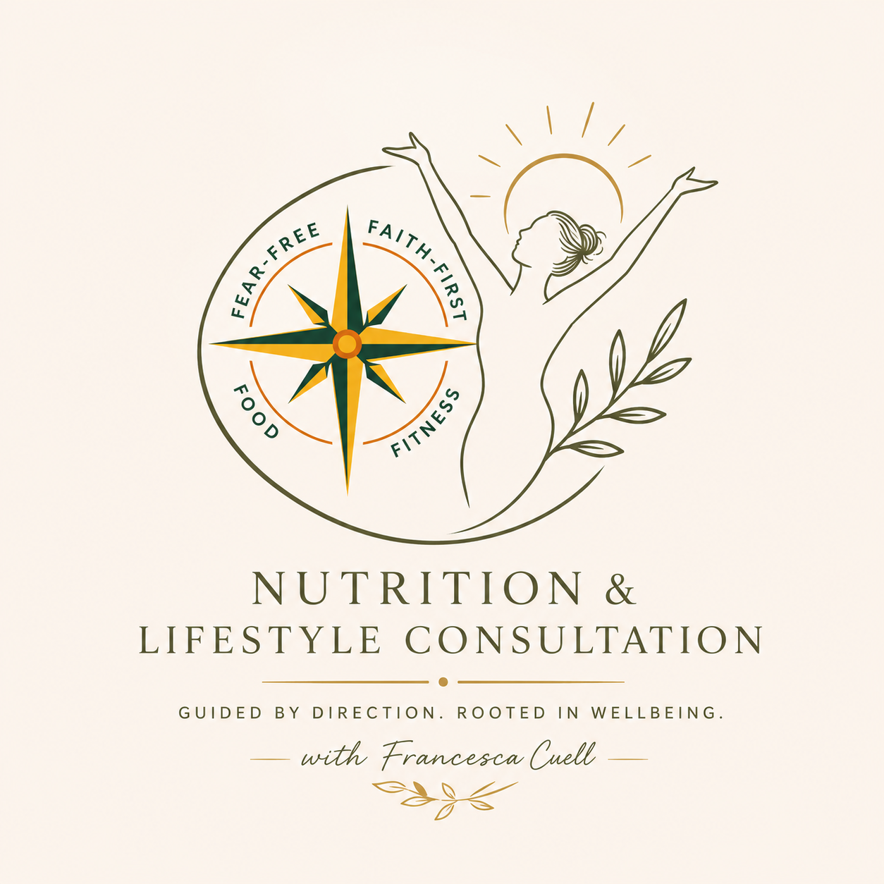 Logo for Nutrition & Lifestyle Consultation featuring a woman with arms raised and a sun behind her, a compass with the words Fear-Free, Faith-Fast, Food, Fitness.