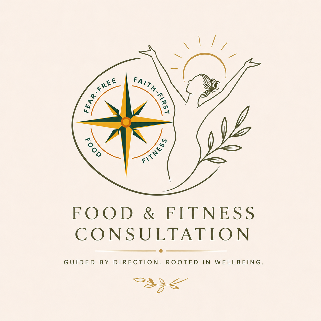 Logo for Food & Fitness Consultation featuring a stylized woman with arms raised, a sun behind her head, a leafy branch, and a compass with words 'fear-free,' 'faith-first,' 'food,' and 'fitness.'