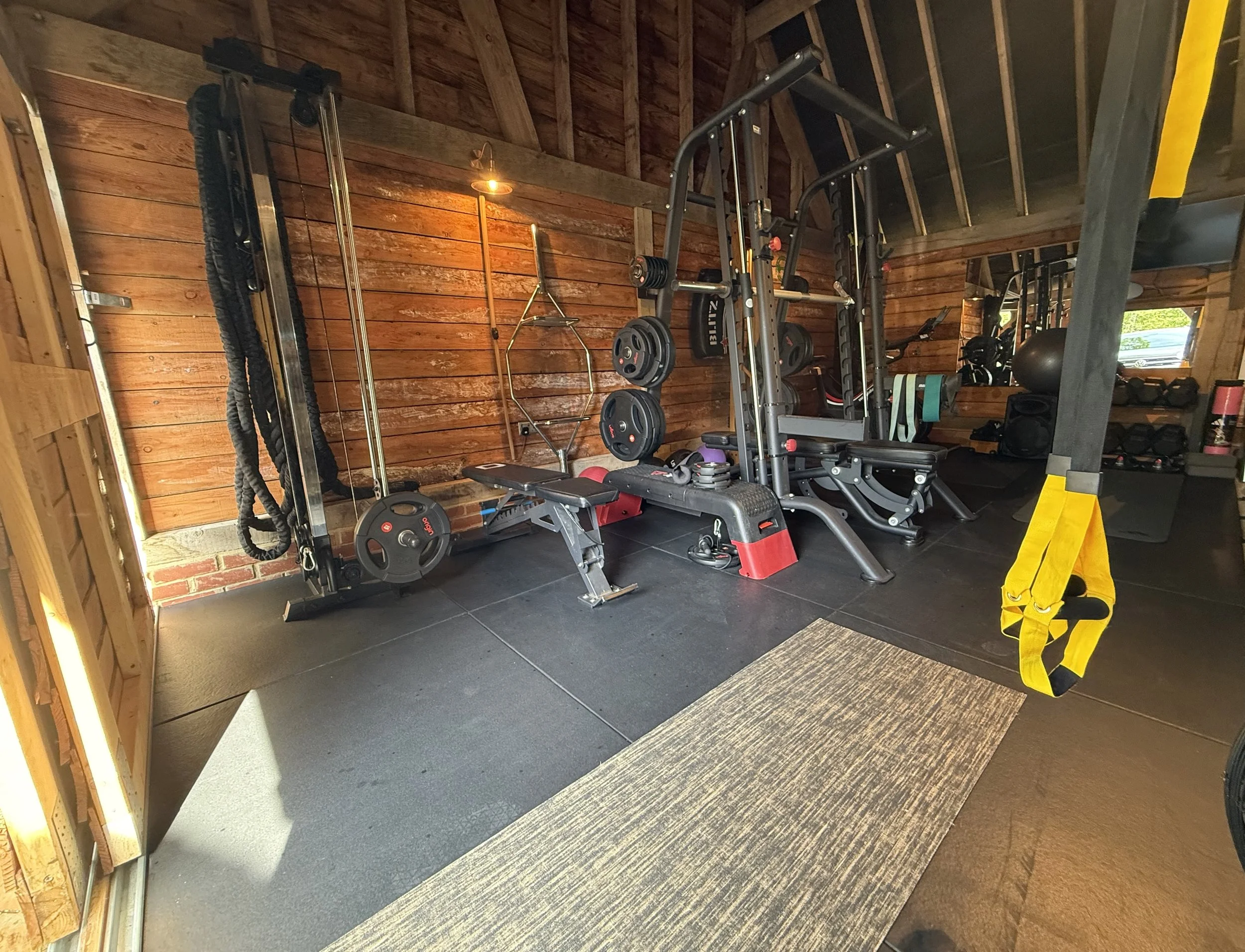 Home gym with wooden walls, various exercise equipment including weights, a pull-up bar, and a stability ball, with a window allowing natural light.