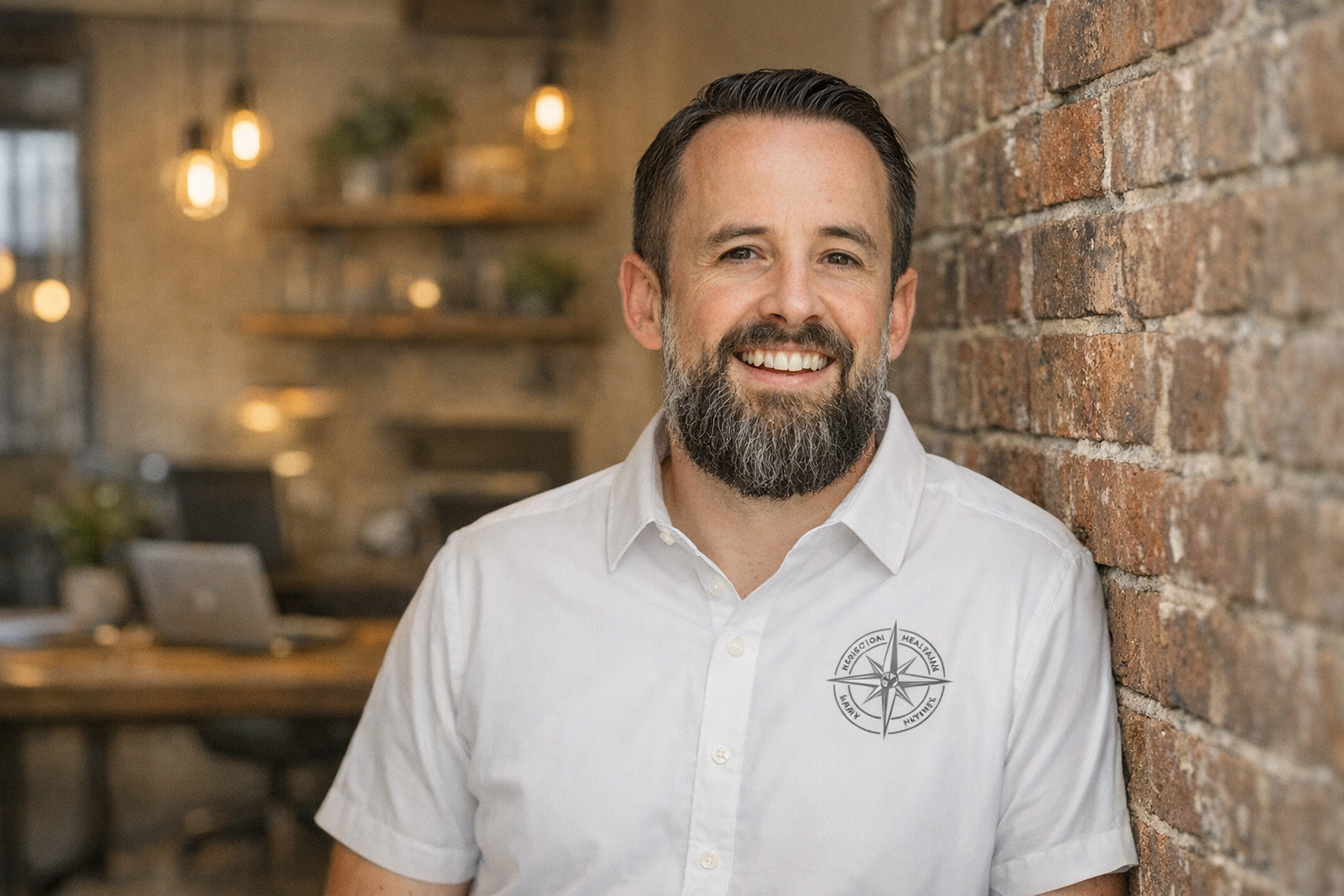 A man with a beard, smiling, wearing a white shirt with a logo on the chest, standing in a warmly lit indoor setting with a brick wall.
