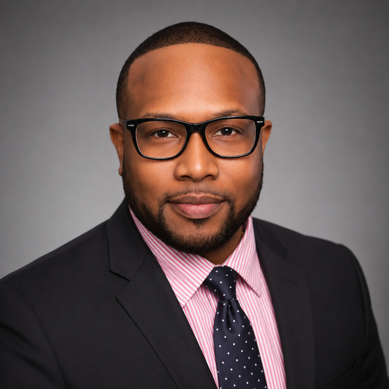Professional headshot of a man wearing black glasses, a pink striped shirt, and a black blazer, against a neutral brown background.