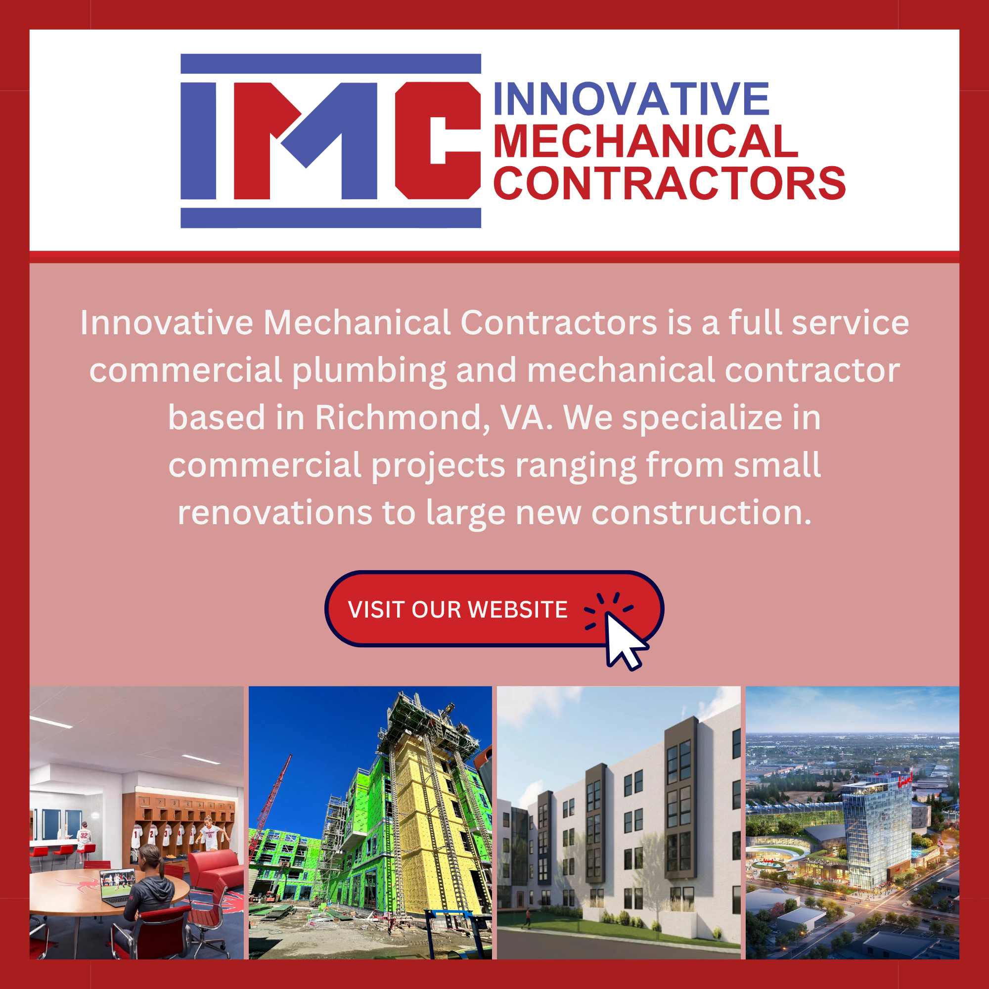 A webpage for Innovative Mechanical Contractors displaying their logo, a button to visit their website, and images of construction projects including a building under construction, an urban development with modern buildings, and a city skyline.
