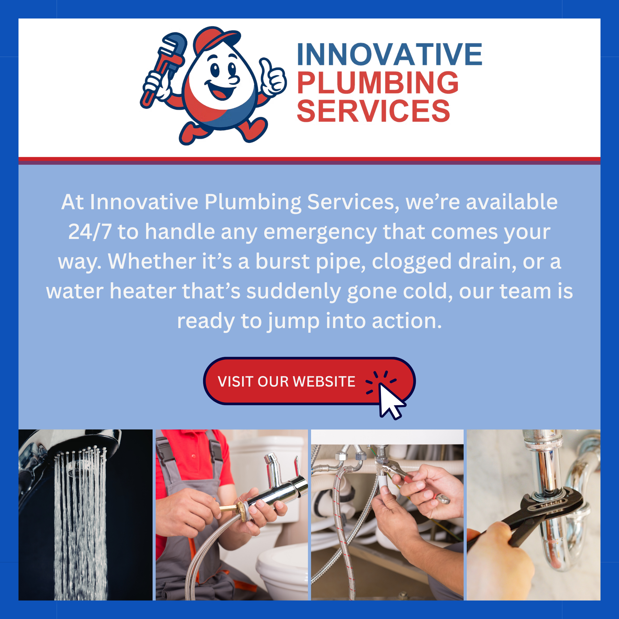 A graphic banner for Innovative Plumbing Services featuring a smiling cartoon water droplet character wearing a red cap and holding a wrench, with the text 'Innovative Plumbing Services' and a button labeled 'Visit Our Website' with a cursor arrow. The background is primarily blue and white.
