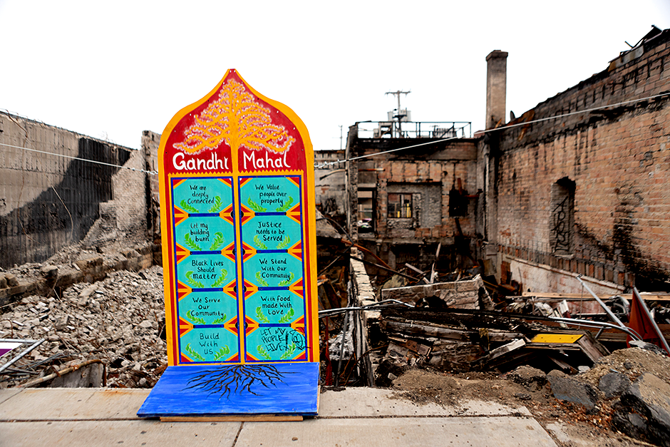Remains of Gandhi Mahal restaurant — symbol of removing barriers to rebuilding in Minneapolis