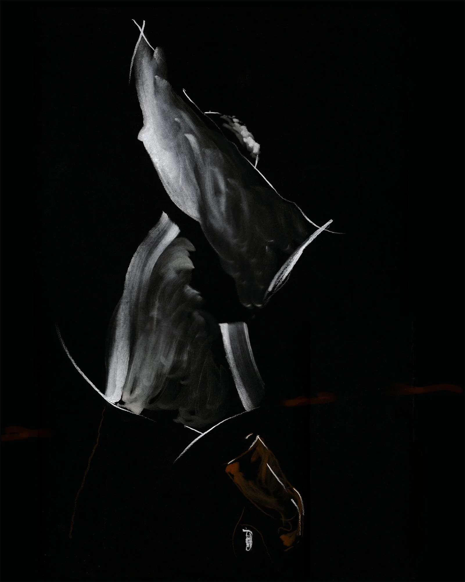 Abstract fashion drawing exploring Rick Owens silhouette, movement, and garment distortion in space