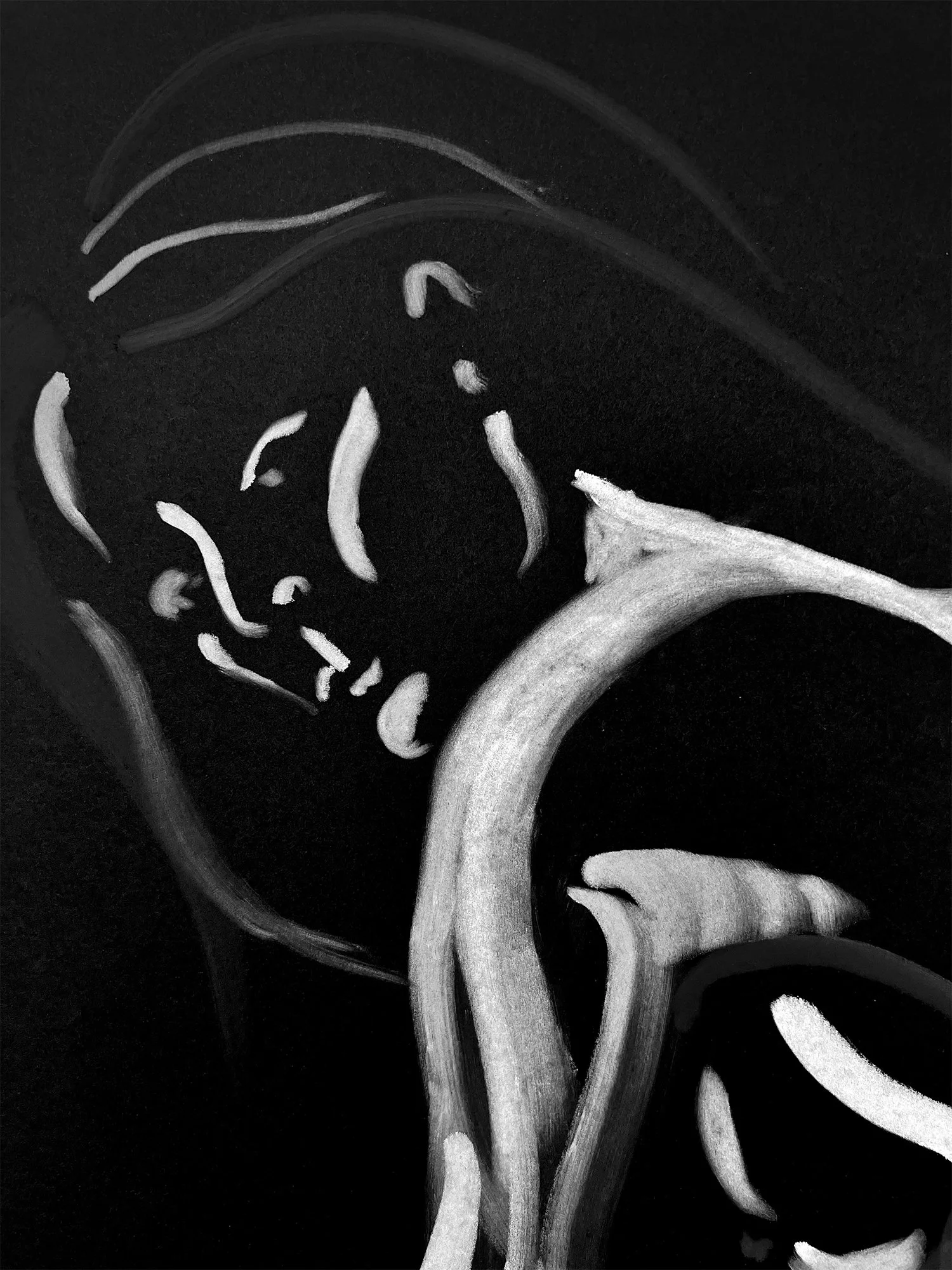 Close-up black-and-white portrait drawing of a reclining figure with face gazing over her shoulder by Ioana Friedman.