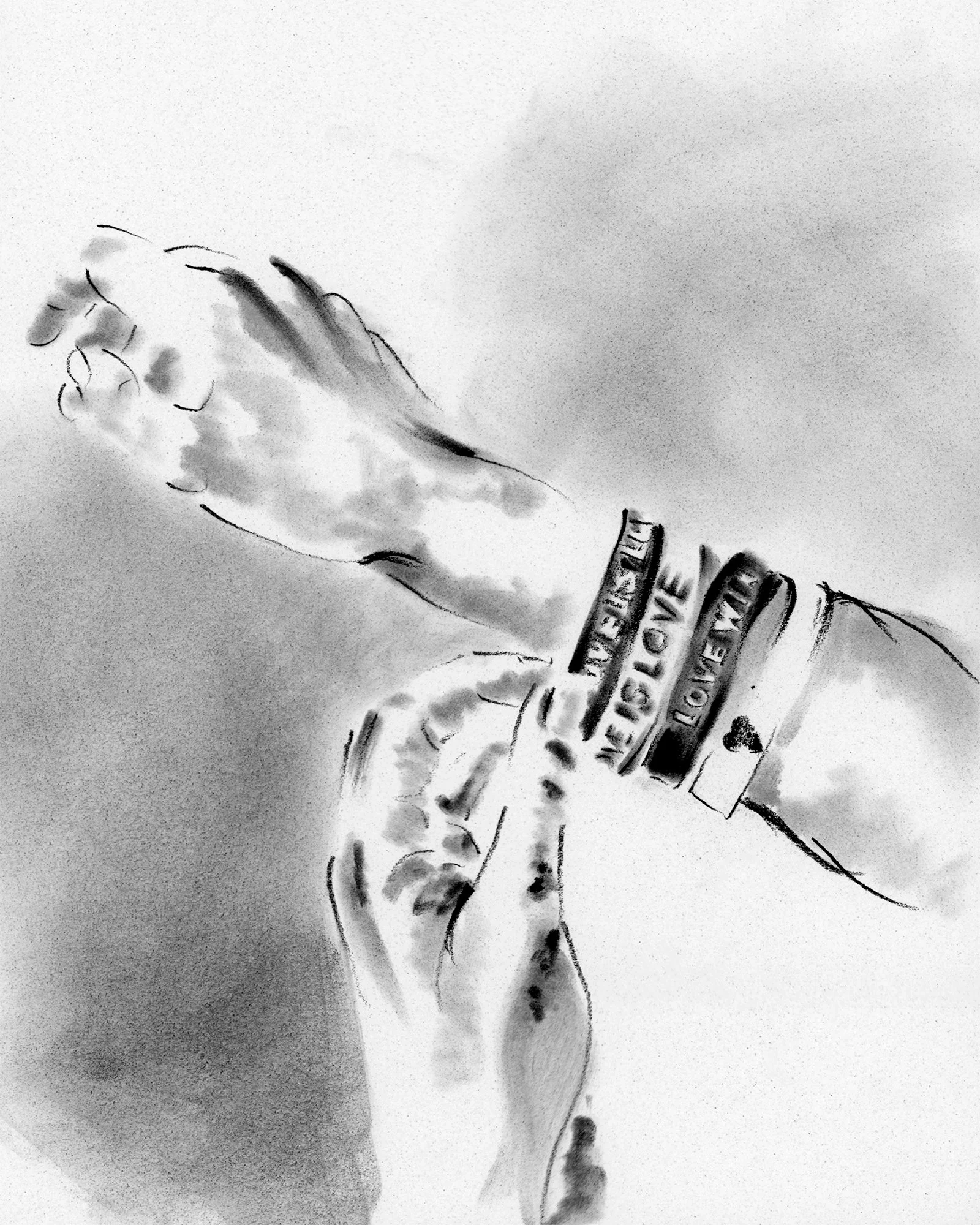 Black-and-white drawing of hands and stacked Pride wristbands from Lili The First’s 2026 NYC Pride party by Ioana Friedman.