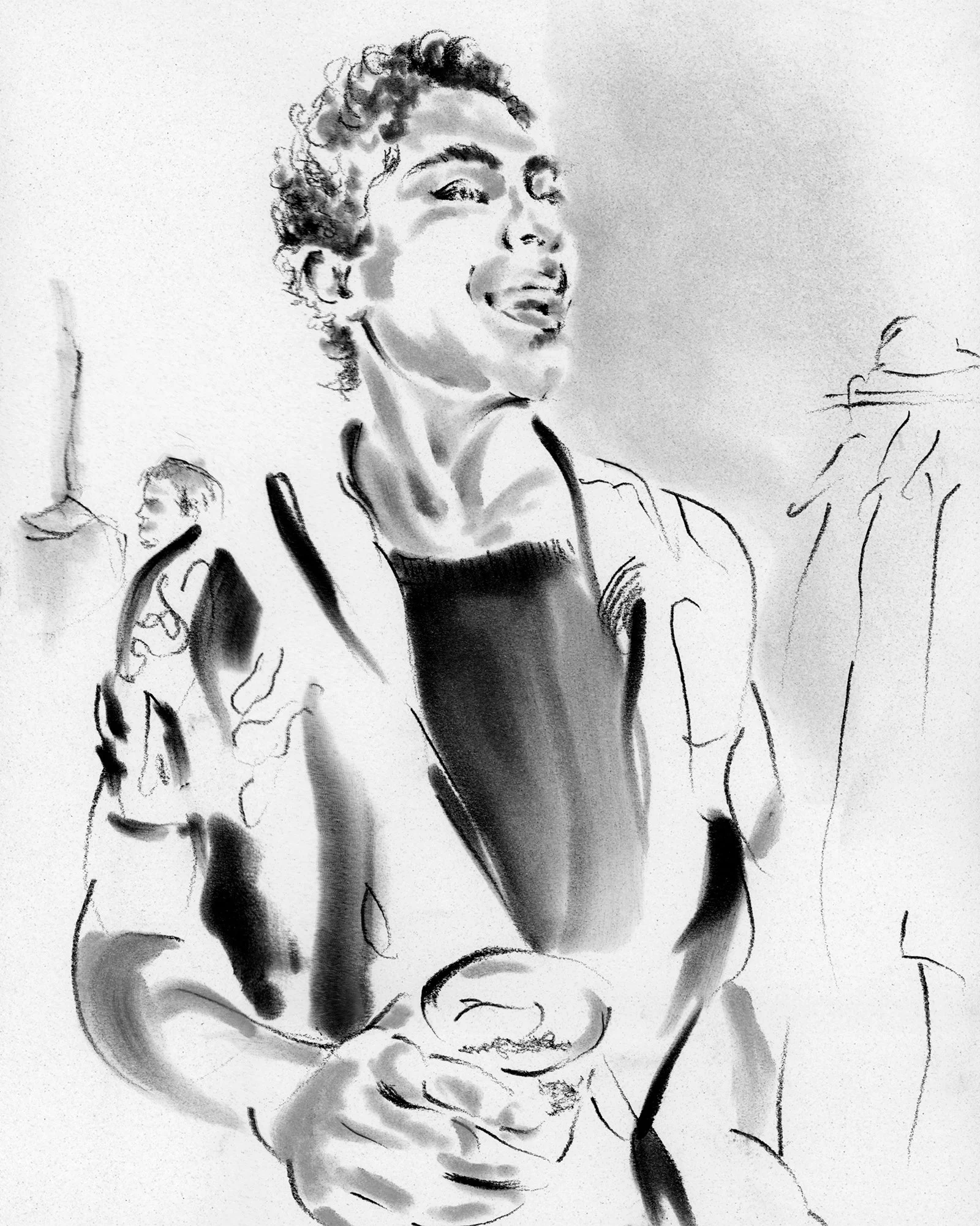 Black-and-white drawing of a smiling guest at Lili The First’s 2026 NYC Pride party by Ioana Friedman.