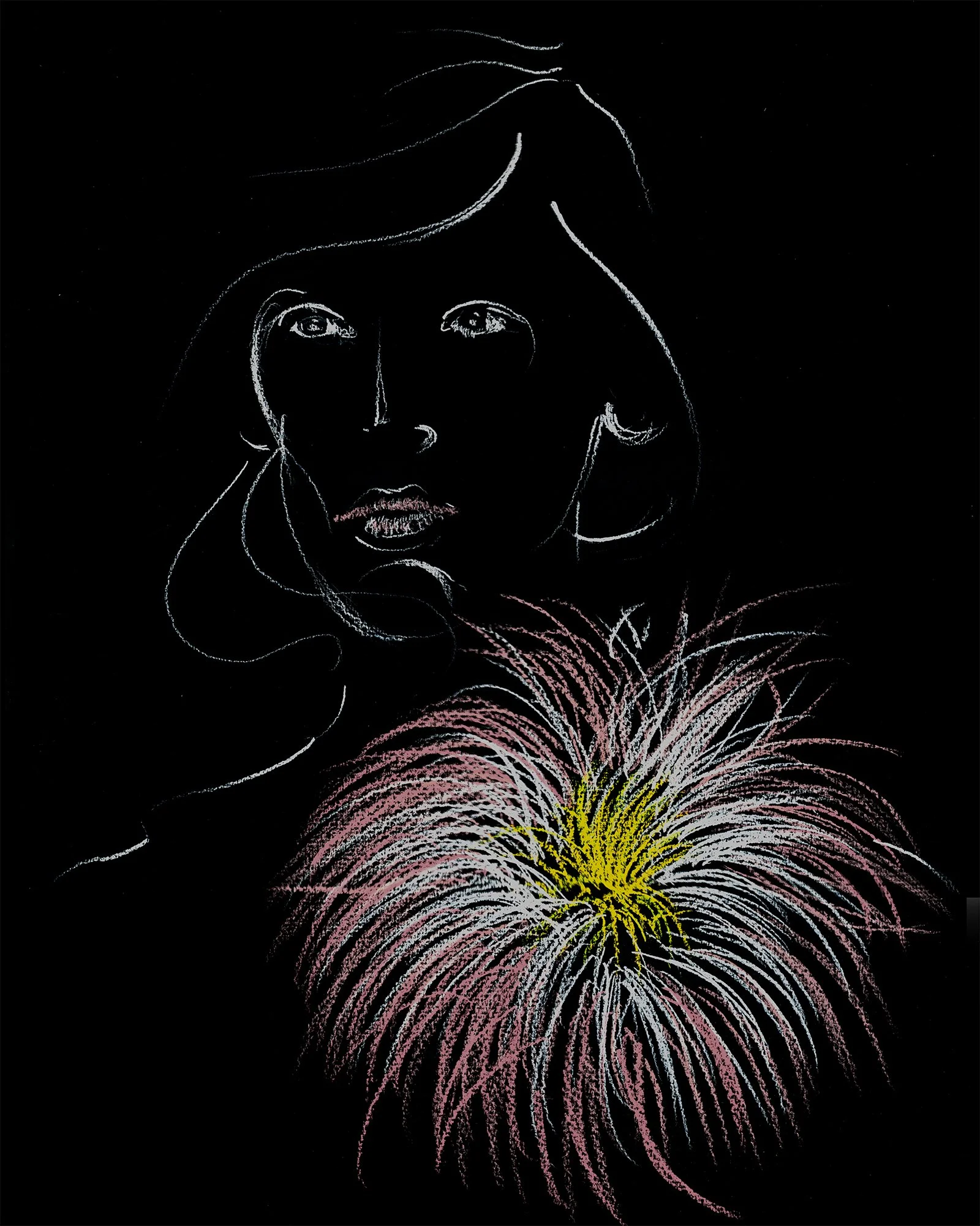 Fashion illustration of Dior look featuring feathered embellishment, focusing on texture, softness, and surface detail