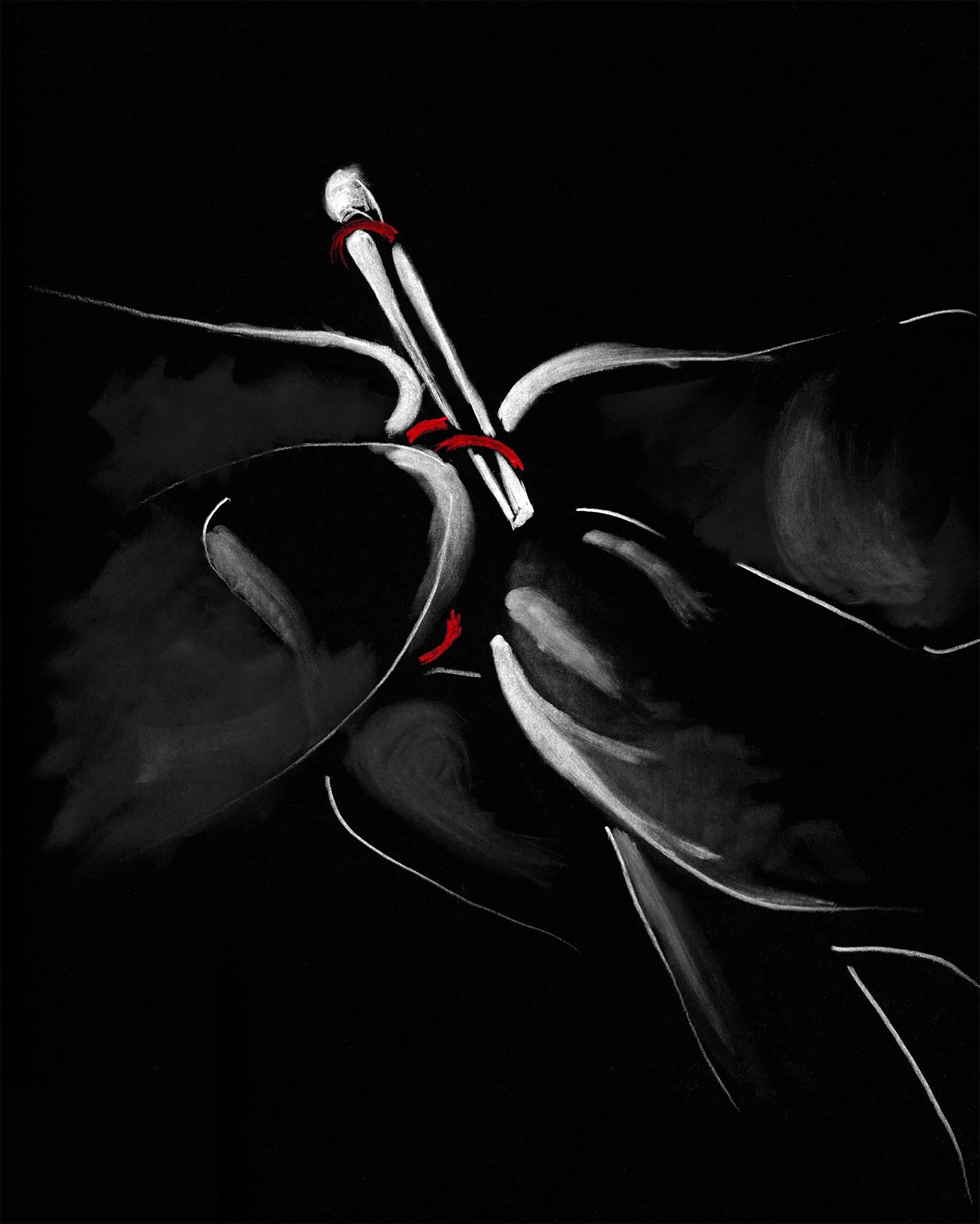 Hand-drawn study of Pauline Dujancourt crochet garment in motion, black and white with red thread accents, focusing on structure, tension, and fabric movement