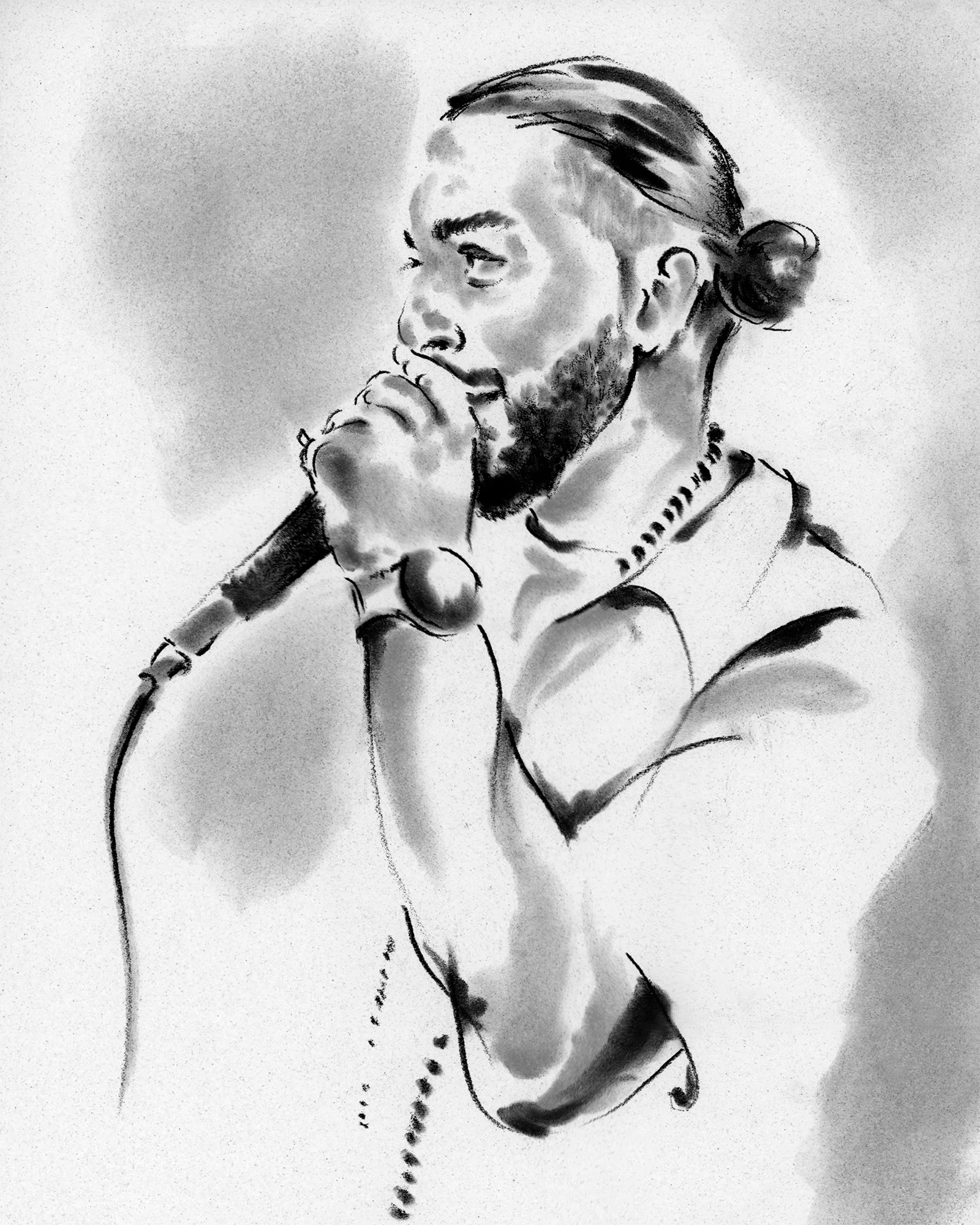 Black-and-white drawing of a guest singing into a microphone during Lili The First’s NYC Pride party by Ioana Friedman.