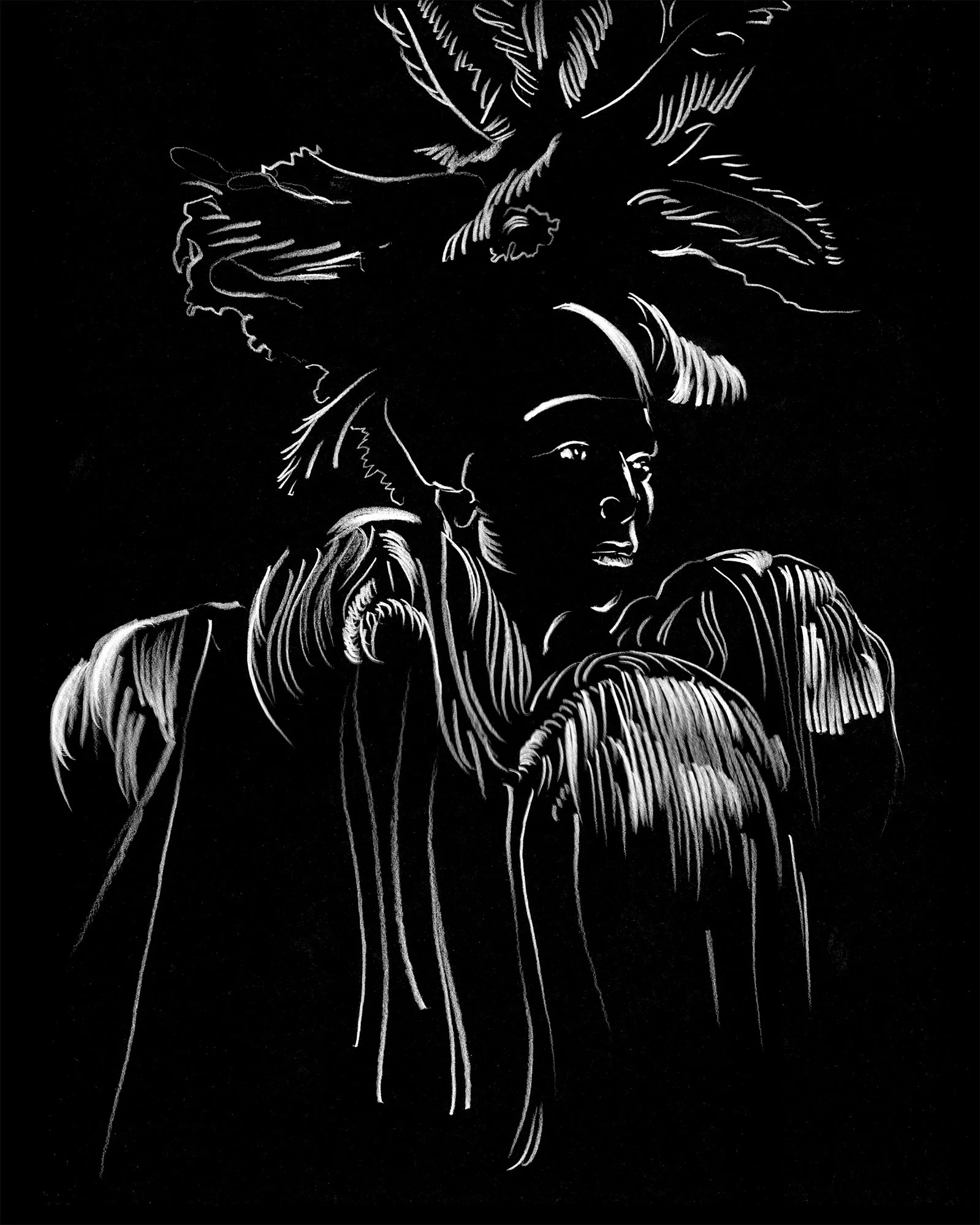 Fashion illustration of Comme des Garçons look with sculptural headpiece, emphasizing silhouette, texture, and conceptual styling