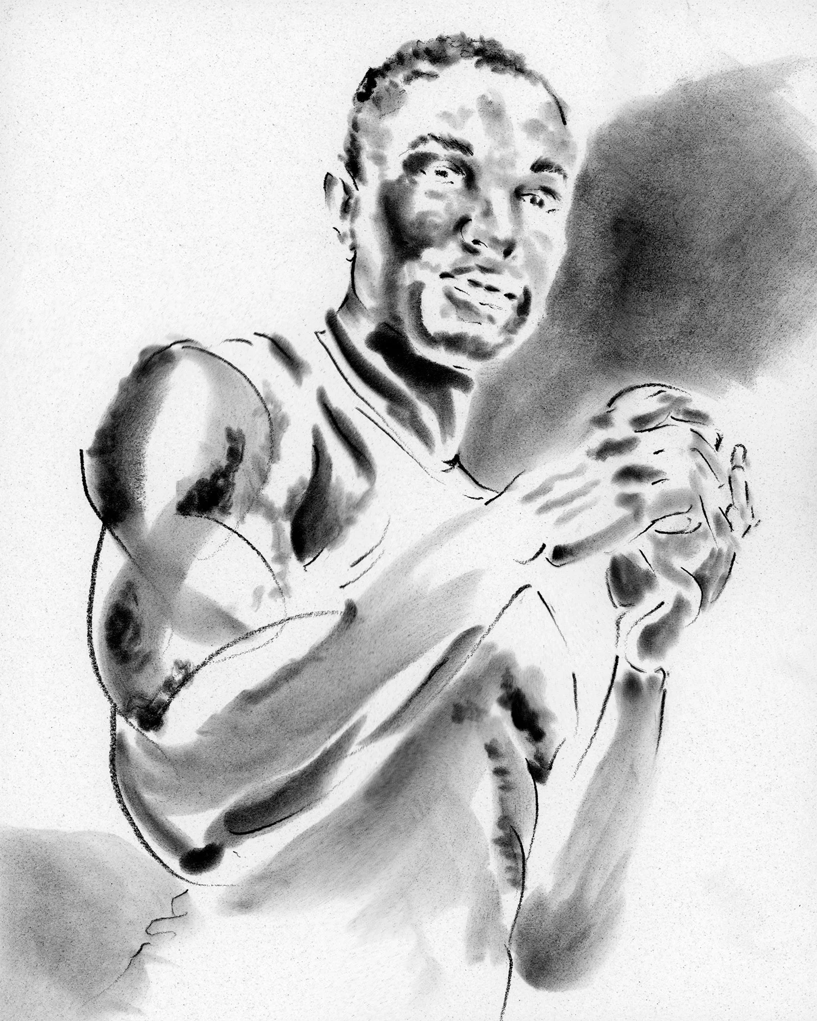 Black-and-white drawing of a party guest in a sleeveless top, smiling with his hands together, by Ioana Friedman.