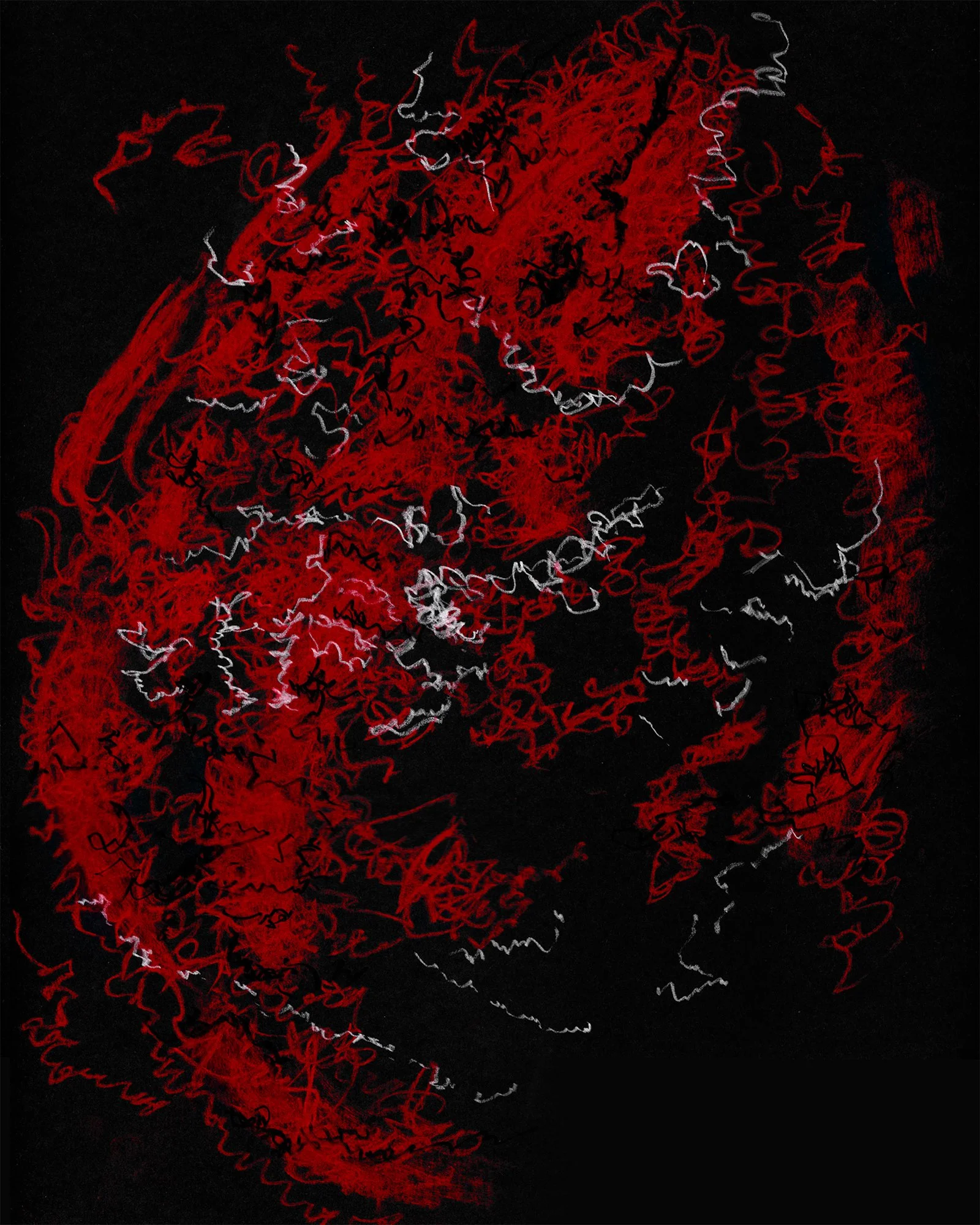 Abstract drawing of dense red crochet texture, capturing accumulation, thread structure, and material intensity