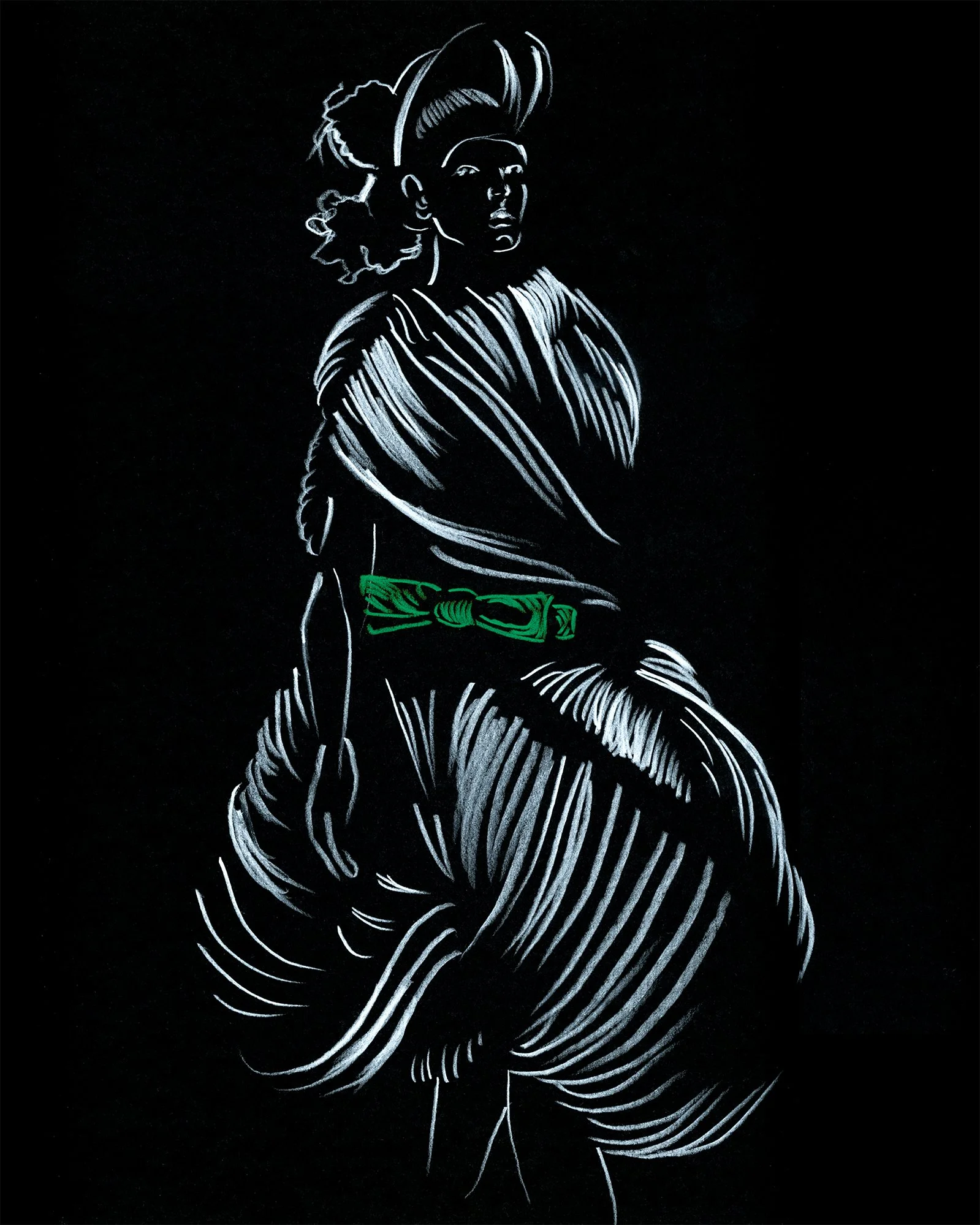 Illustration inspired by Comme des Garçons AW26 runway look, focusing on draped volume, structure, and contrast in form