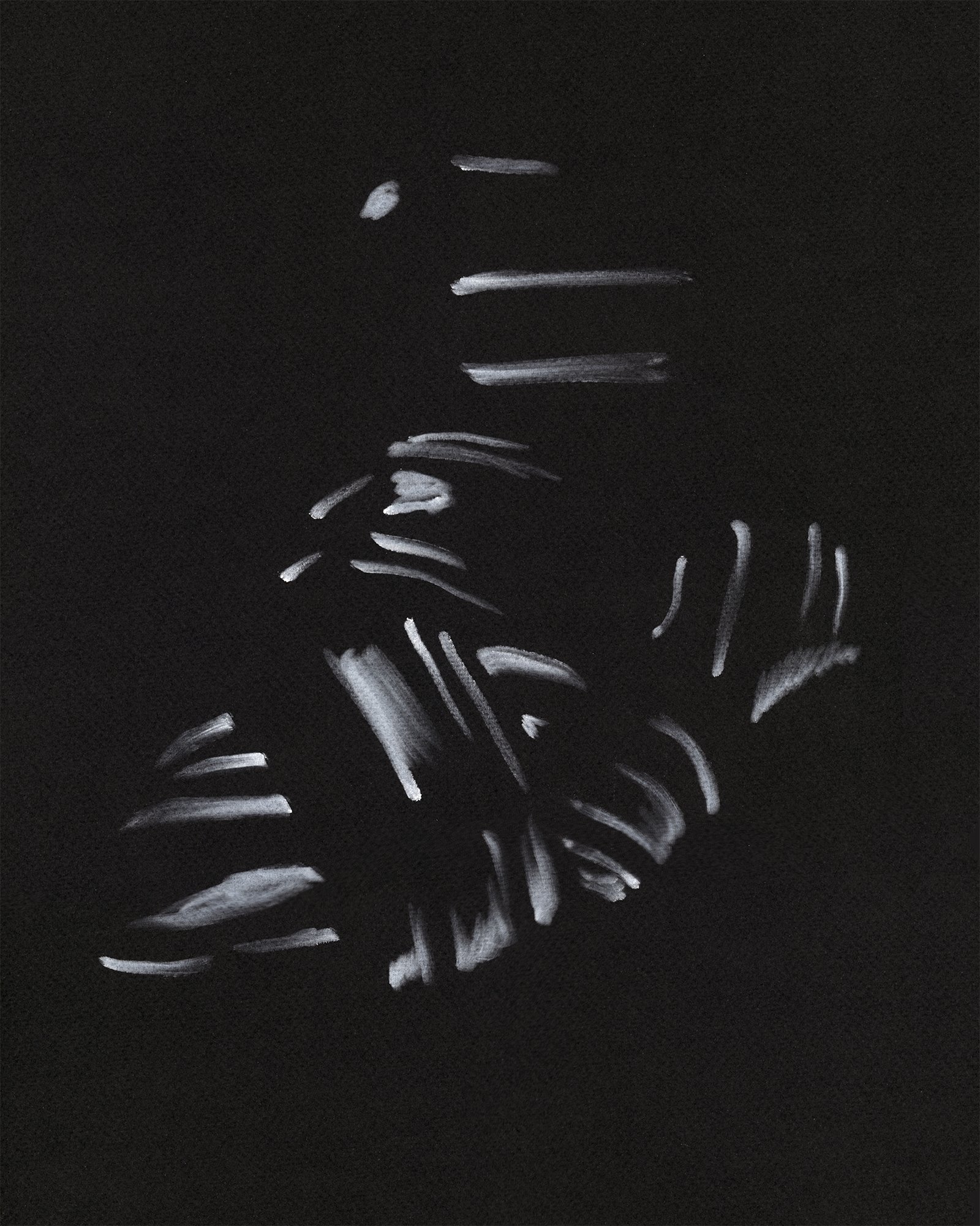 Abstract fashion illustration of a Maison Margiela sneaker, gestural white marks suggesting layered construction and movement on a dark background