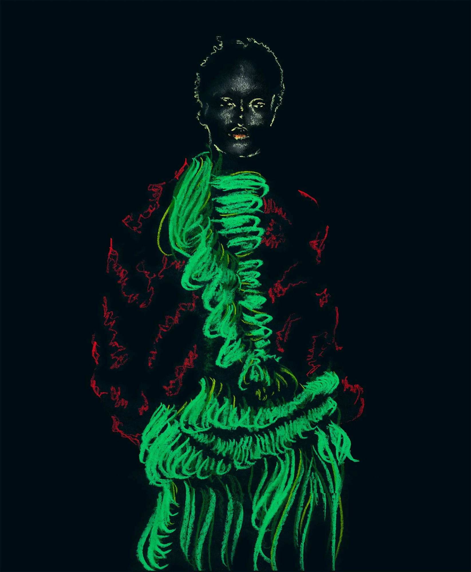 Chalk pastel drawing of a woman wearing a Dries Van Noten look by Ioana Friedman, 2026